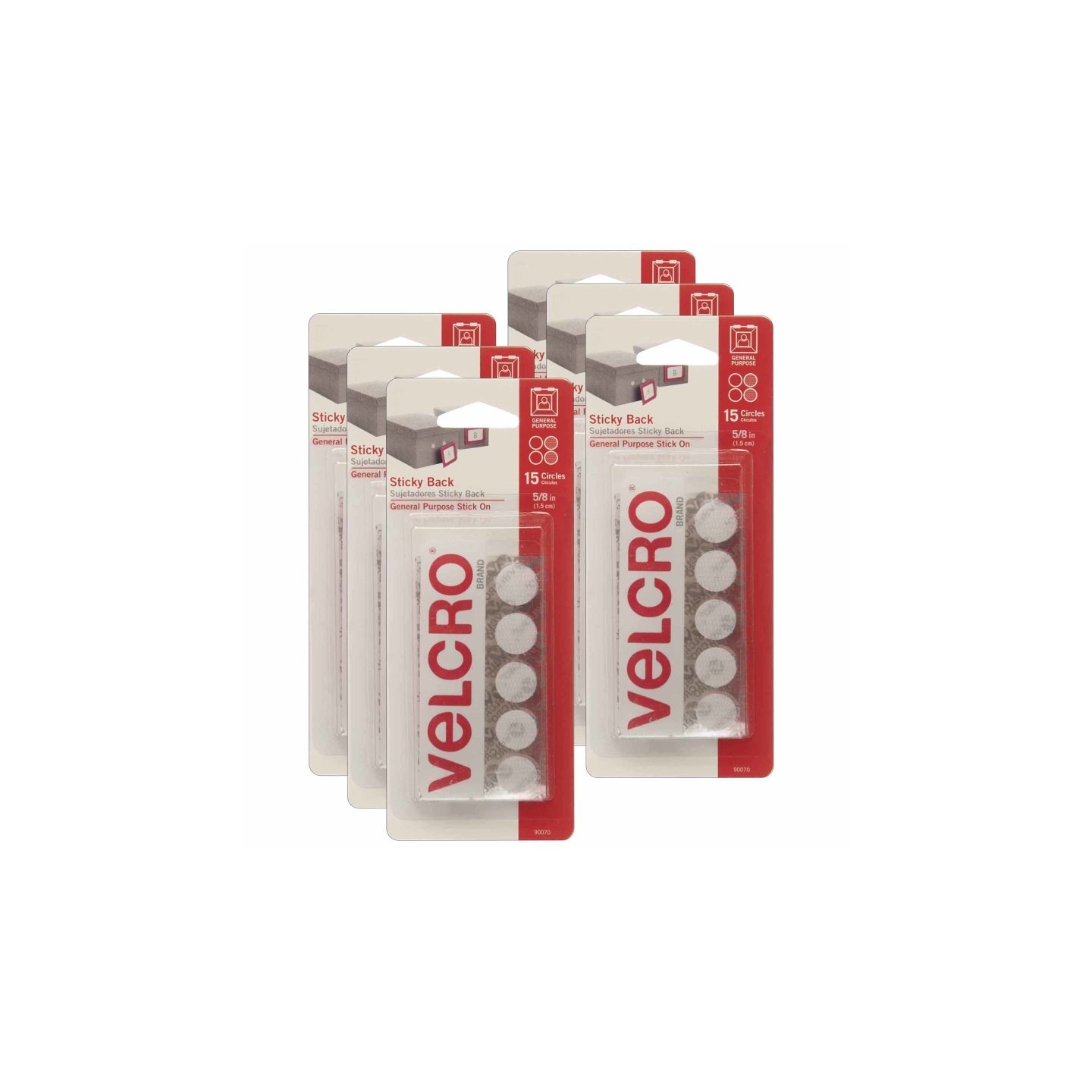 VELCRO® Sticky Back™ Round Fasteners, 0.63", White, 15 Per Pack, 6 Packs