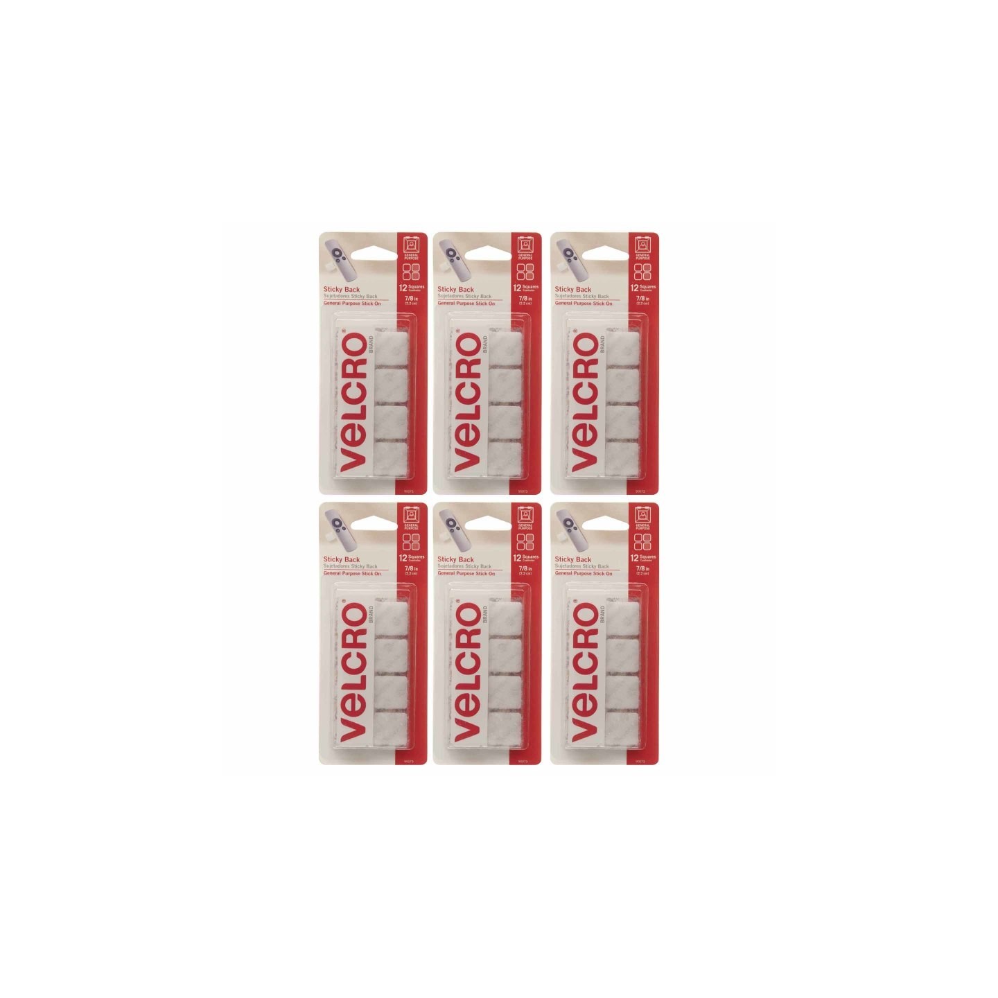 VELCRO® Sticky Back™ Square Fasteners, 7/8", White, 12 Per Pack, 6 Packs