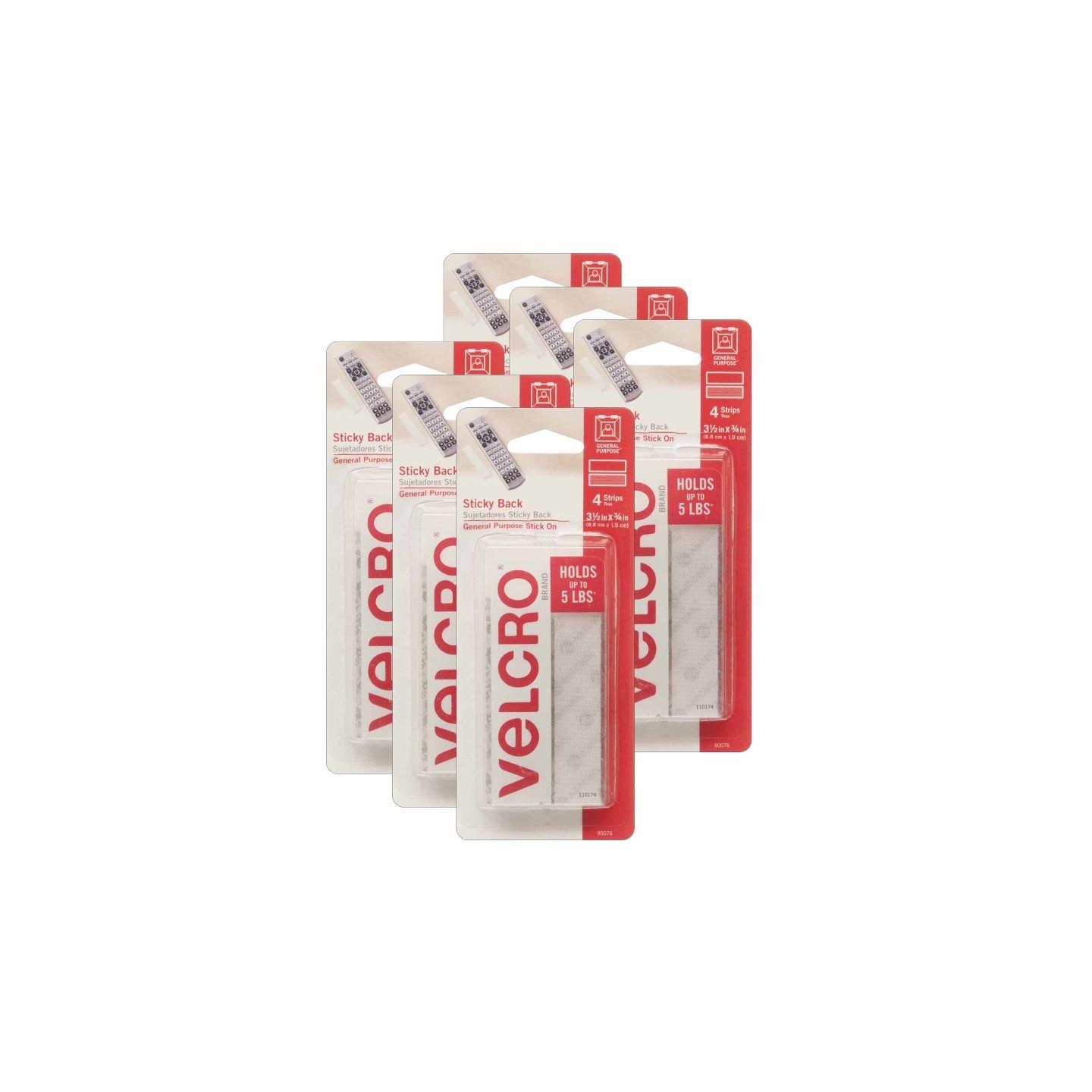 VELCRO® Sticky Back™ Strips, 3/4" x 3-1/2", White, 4 Per Pack, 6 Packs