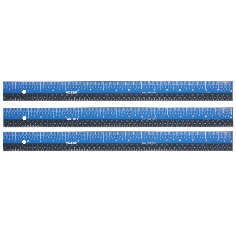 Victor Easy Read™ Ruler, Stainless Steel, Blue/Black, 18", Pack of 3