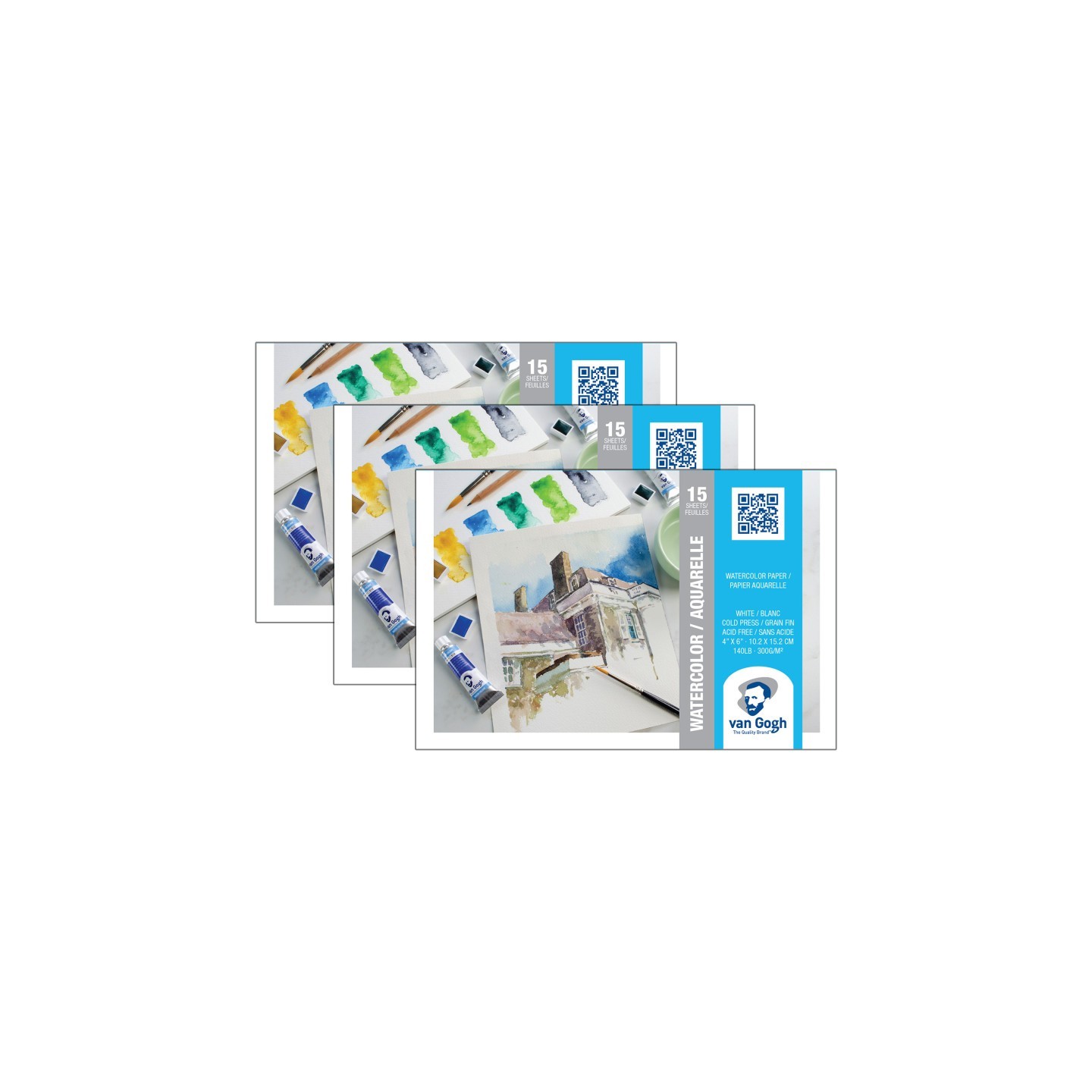 Van Gogh Watercolor Paper Pad, 140lbs, Cold Press, 4" x 6", 15 Sheets, Pack of 3