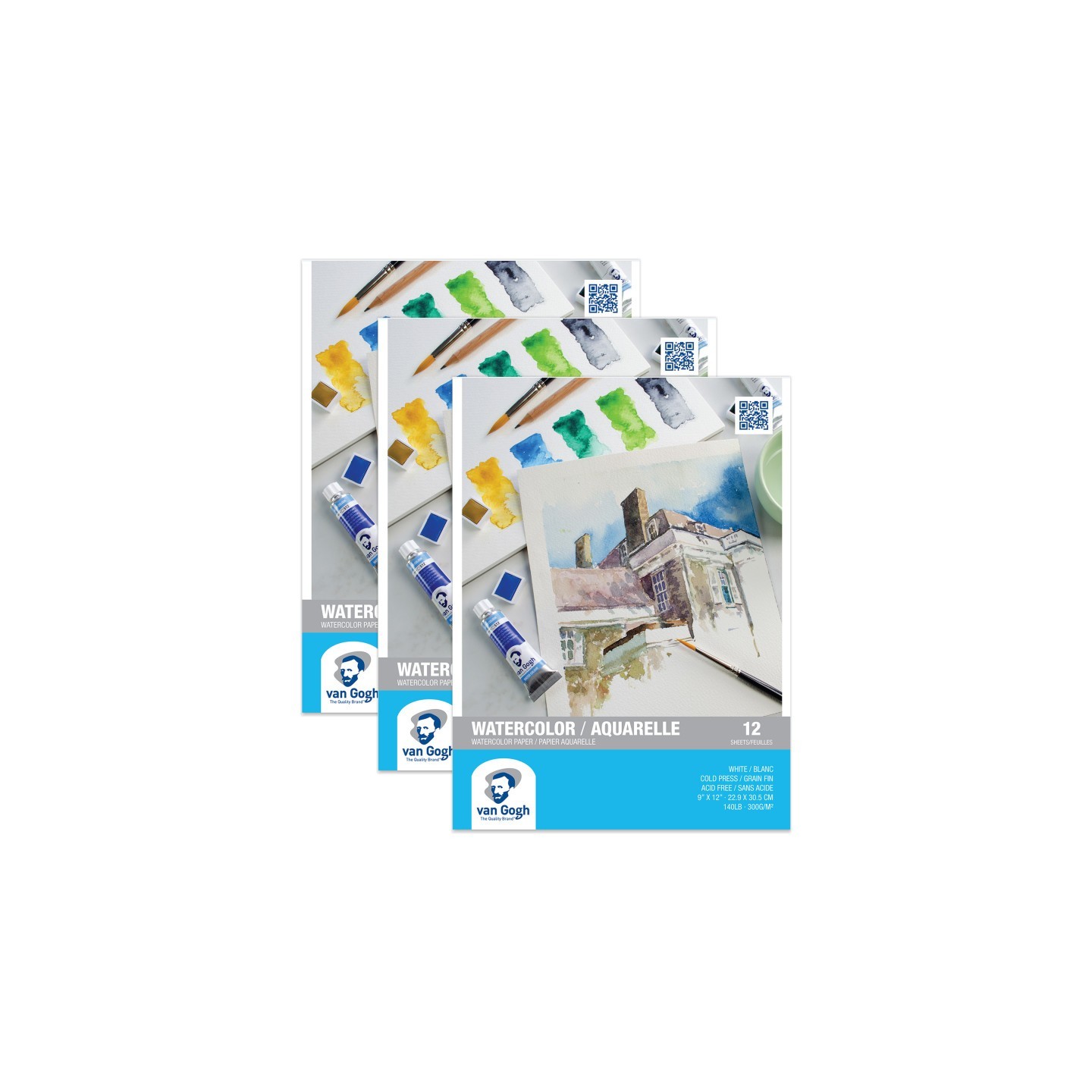 Van Gogh Watercolor Paper Pad, 140lbs, Cold Press, 9" x 12", 12 Sheets, Pack of 3