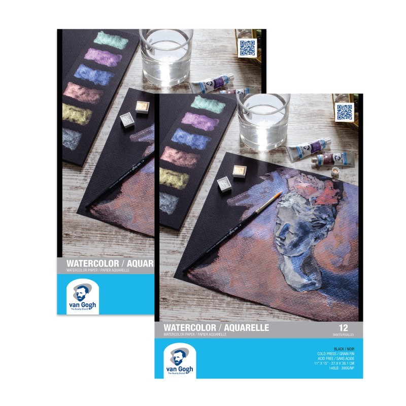 Van Gogh Watercolor Paper Pad, 140lbs, Black, Cold Press, 11" x 15", 12 Sheets, Pack of 2