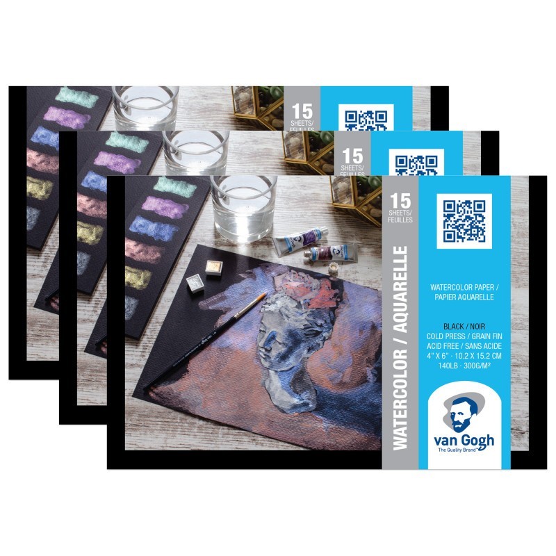 Van Gogh Watercolor Paper Pad, 140lbs, Black, Cold Press, 4" x 6", 15 Sheets, Pack of 3