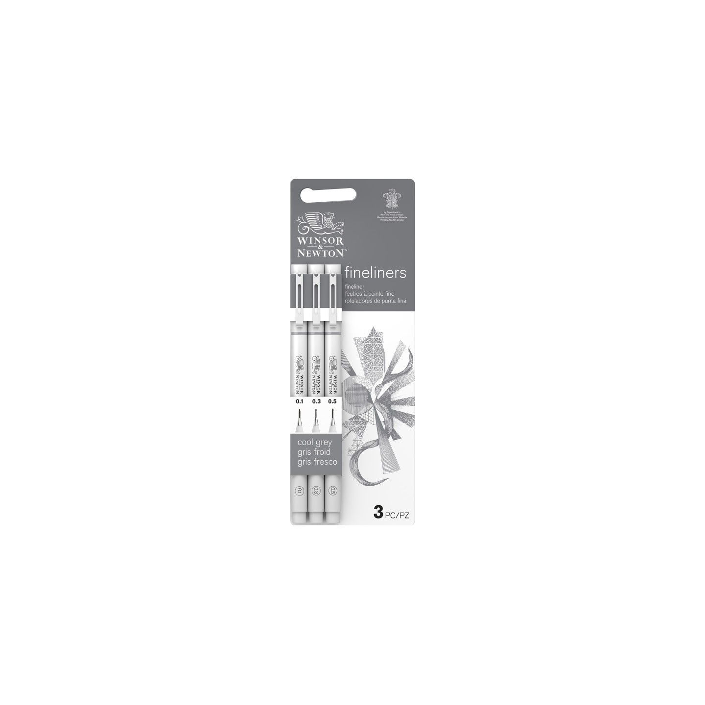 Winsor & Newton Fineliner Pens, Cool Grey, Assorted Sizes, Set Of 3