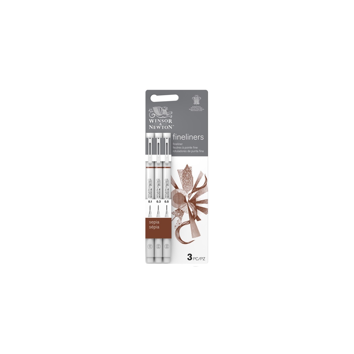 Winsor & Newton Fineliner Pens, Sepia, Assorted Sizes, Set Of 3