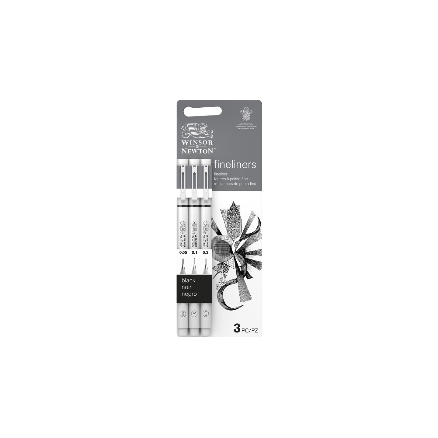 Winsor & Newton Fineliner Pens, Black, Assorted Sizes (0.05, 0.1, 0.3 mm), Set of 3