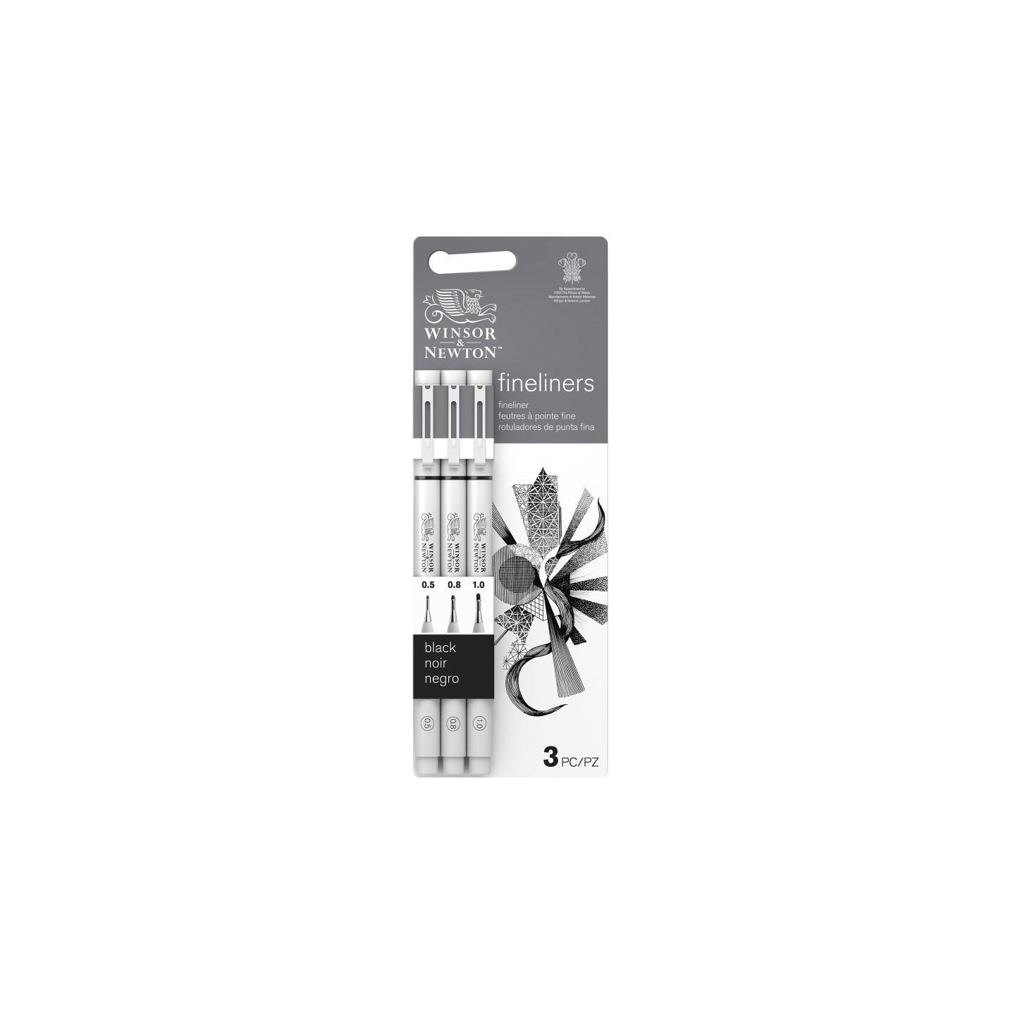Winsor & Newton Fineliner Pens, Black, Assorted Sizes (0.5, 0.8, 1.0 mm), Set of 3