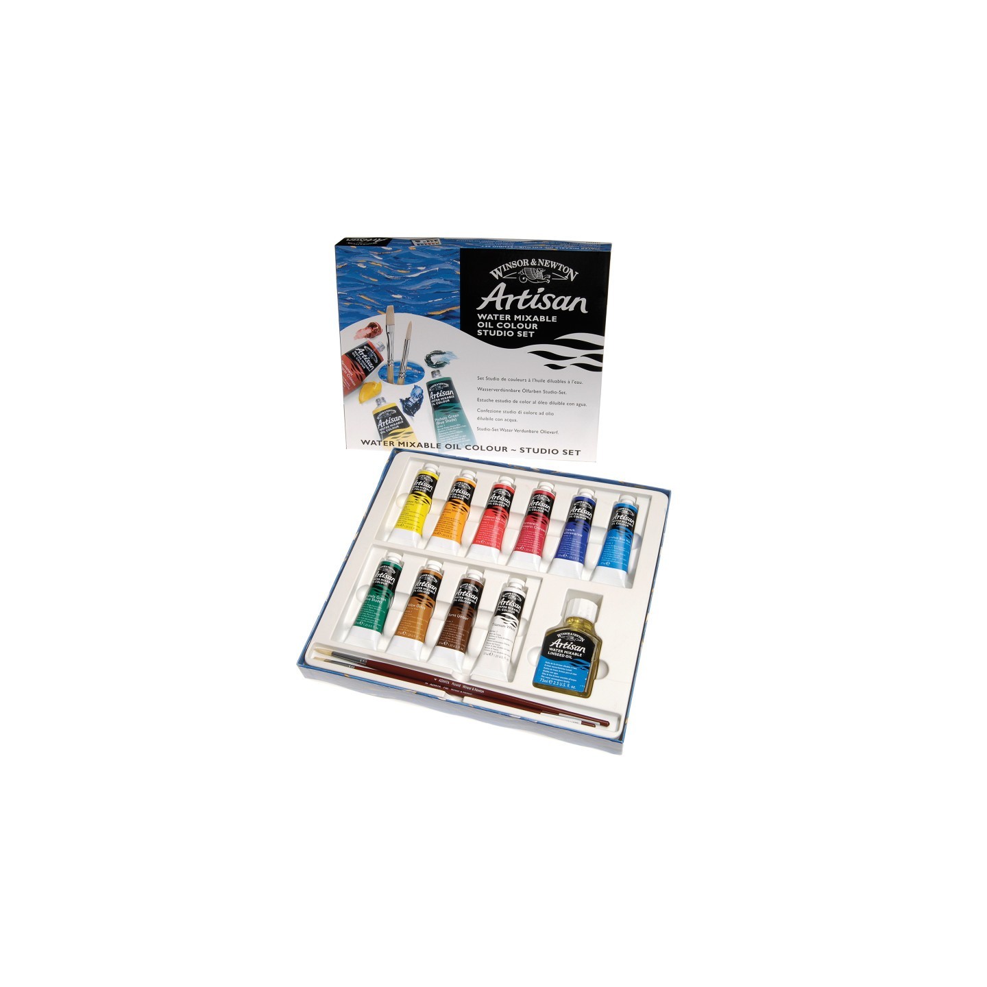 Winsor & Newton Artisan Water Mixable Oil Color Paint Studio Set, 37 mL Tubes, 10 Colors, Paint Brushes, Linseed Oil