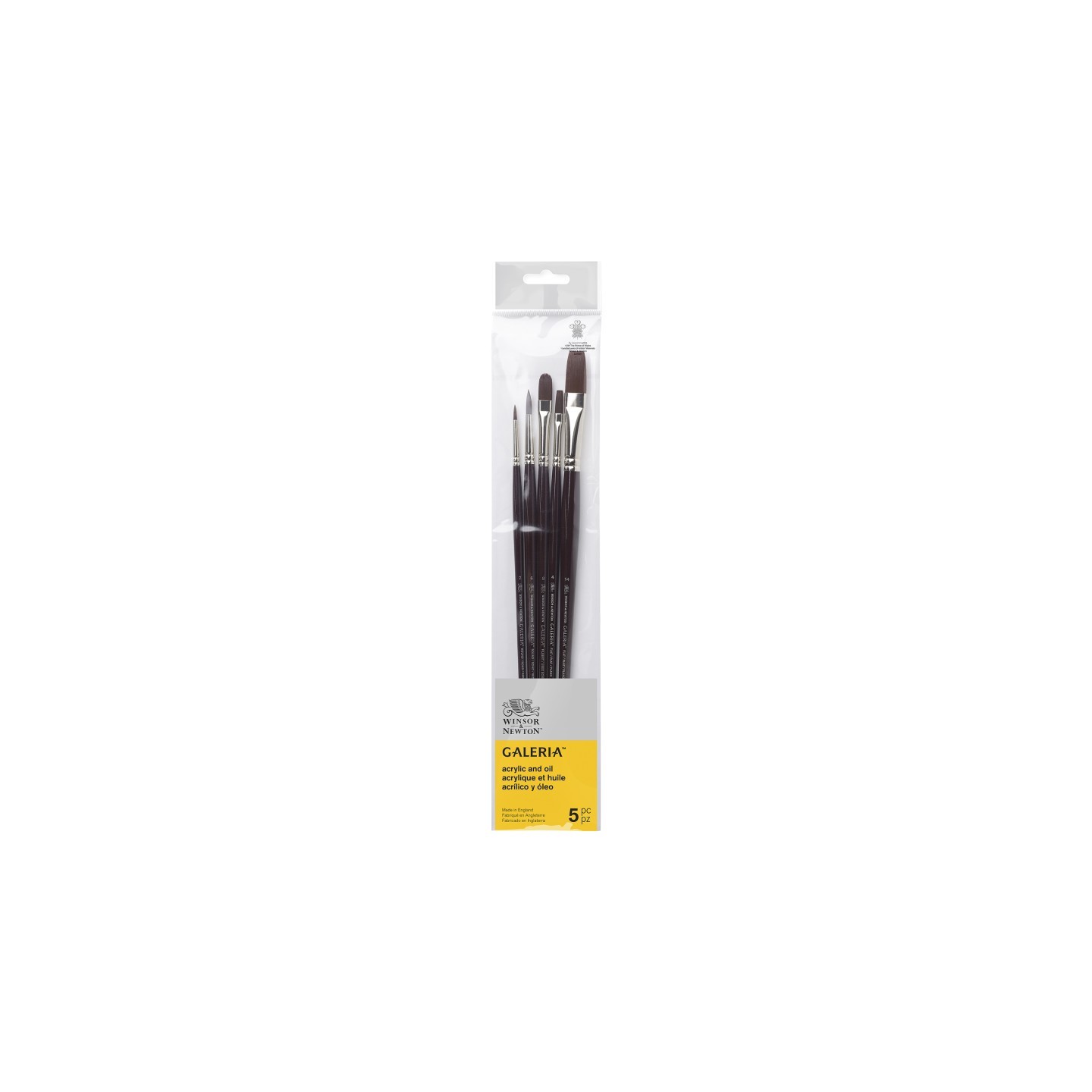 Winsor & Newton Galeria Acrylic Brushes, Long Handle, Set of 5 (Round 2, Round 6, Flat 4, Flat 14, Filbert 8)