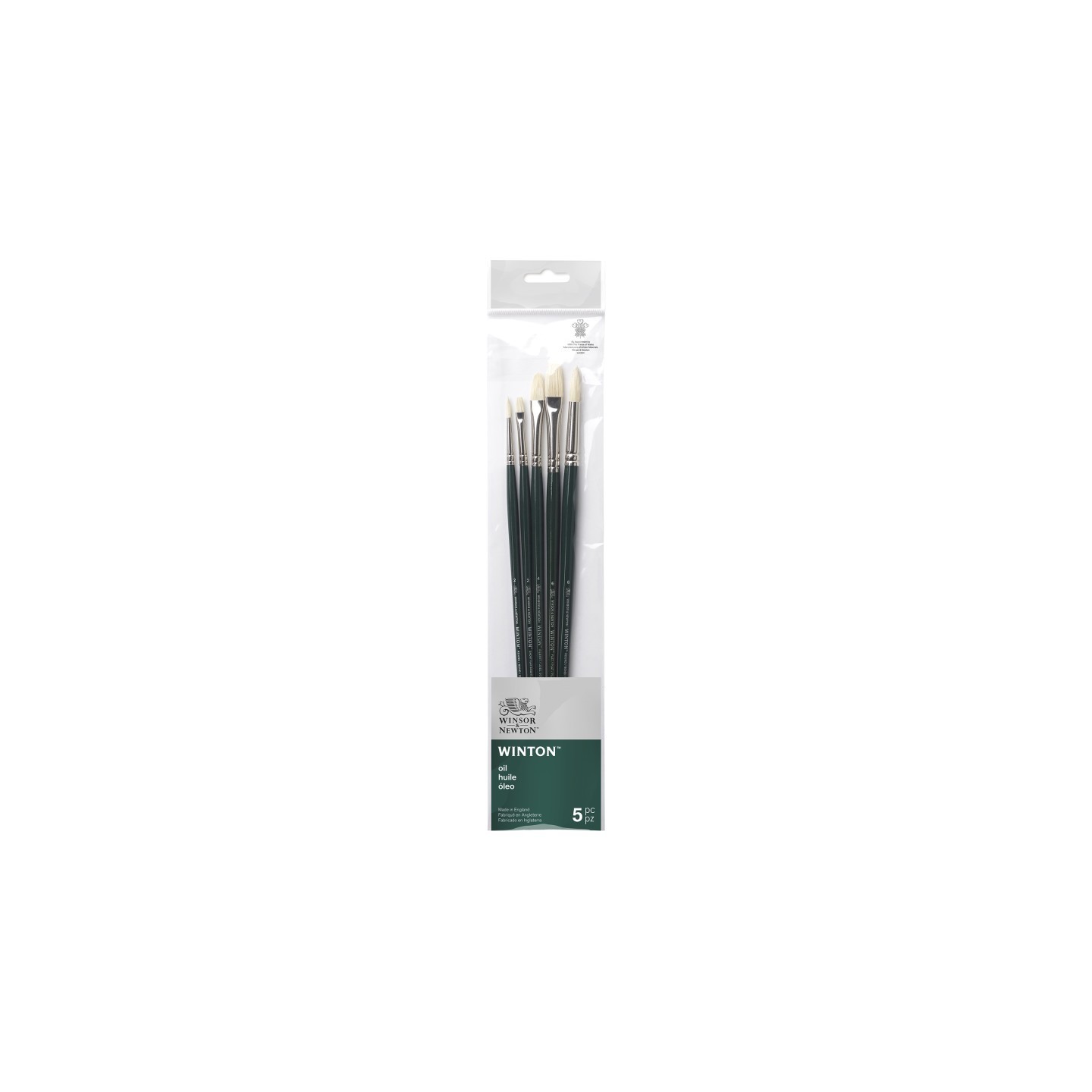 Winsor & Newton Winton Oil Brushes, Long Handle, Set of 5 (Round 2, Round 6, Short Flat 2 bright, Flat 6, Filbert 4)