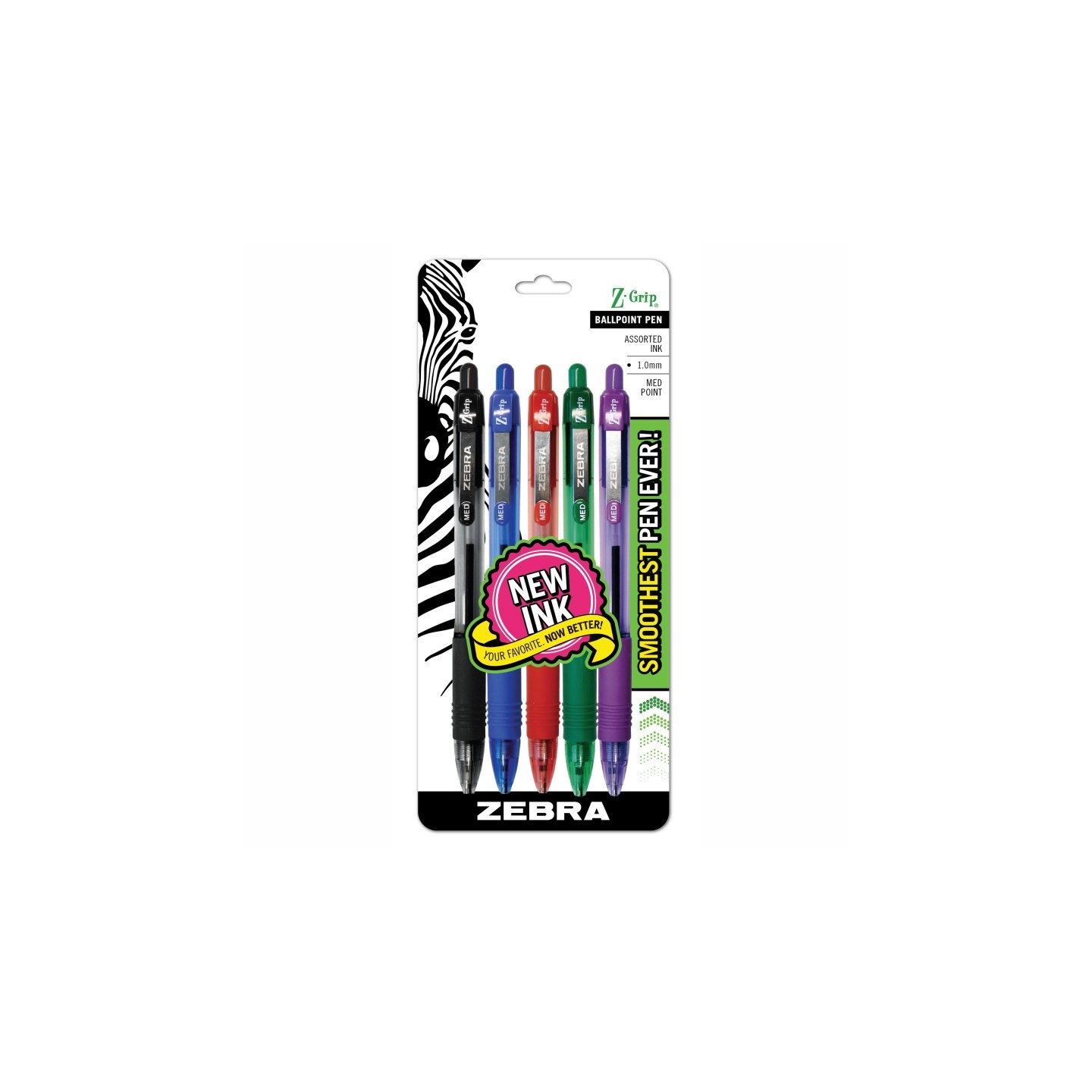 Zebra Pen Z-Grip Ballpoint Retractable Pen, 1.0mm, Assorted, 5-Pack