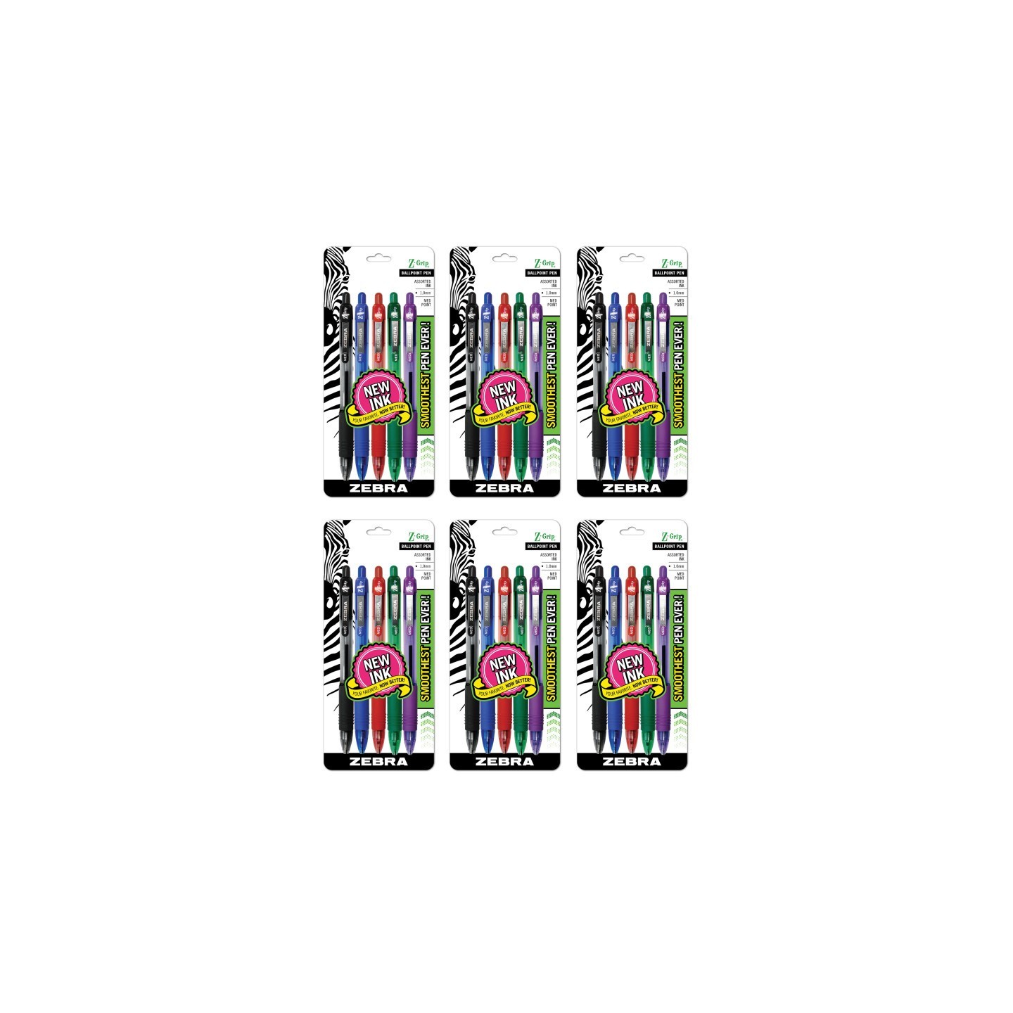 Zebra Pen Z-Grip® Ballpoint Retractable Pen, 1.0mm, Assorted, 5 Per Pack, 6 Packs