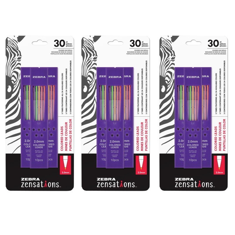 Zensations Mechanical Colored Pencil Lead Refill, 2.0mm Point Size, Assorted Colored Lead, 30 Per Pack, 3 Packs