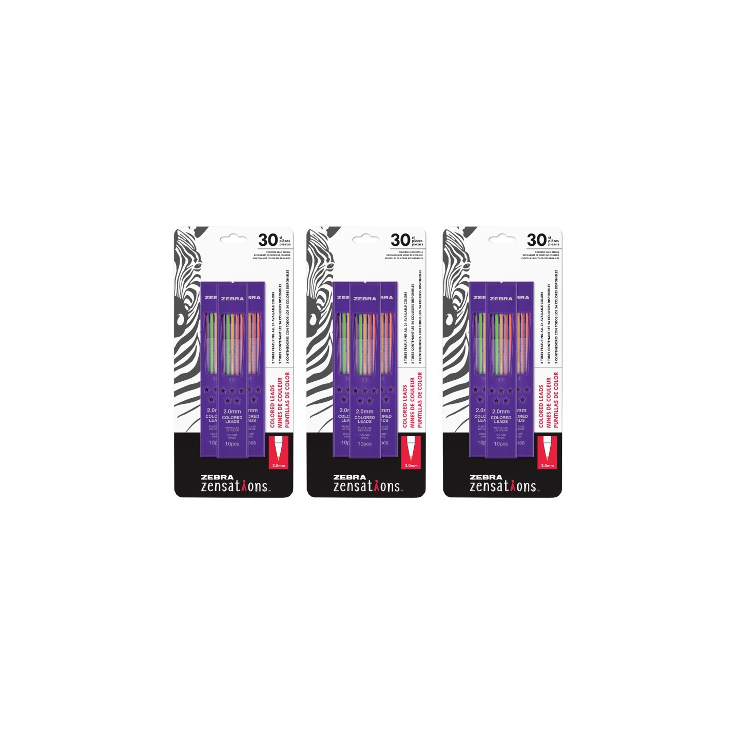 Zensations Mechanical Colored Pencil Lead Refill, 2.0mm Point Size, Assorted Colored Lead, 30 Per Pack, 3 Packs