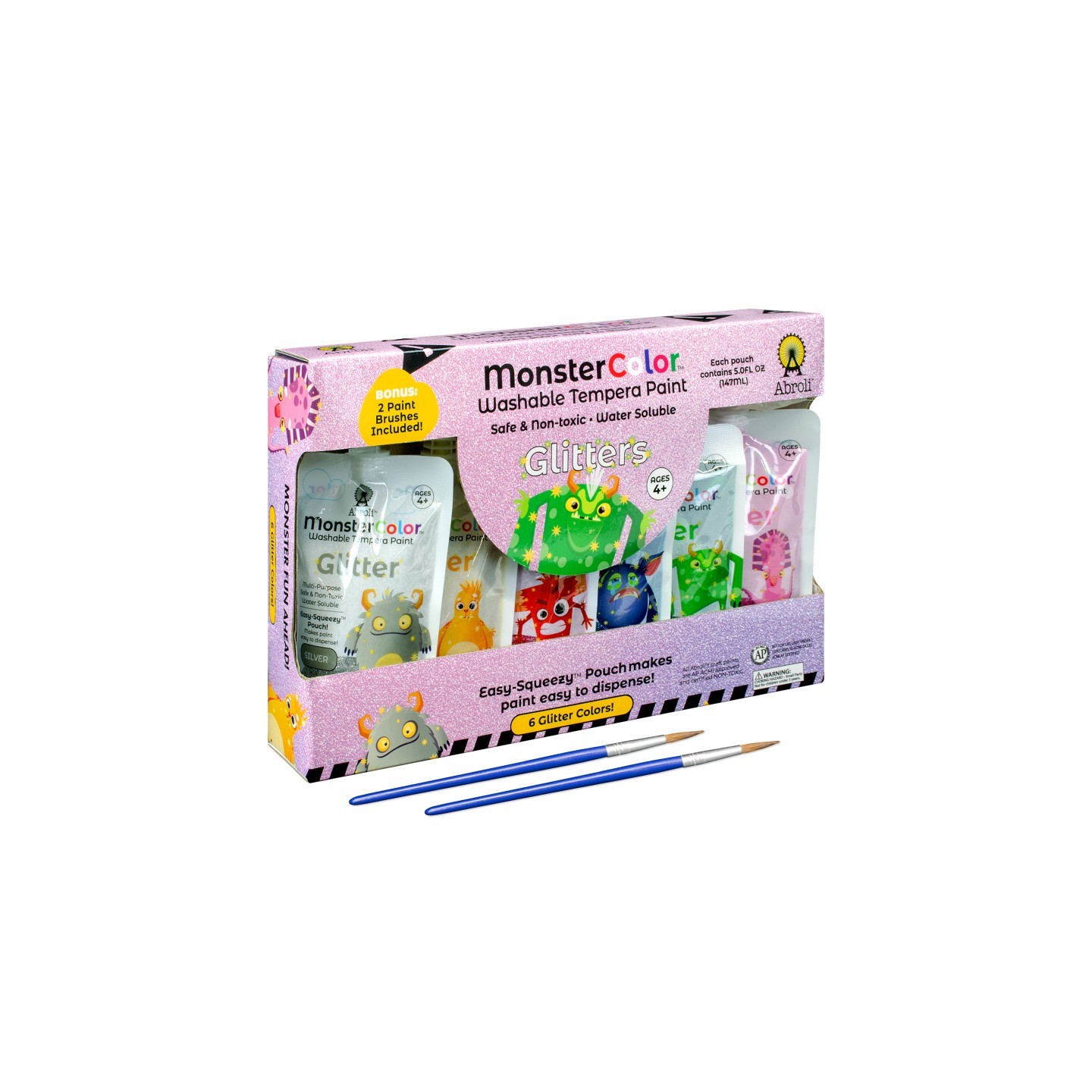 Abroli MonsterColor Washable Tempera Paint, 5 oz., Glitter, 6-Pack