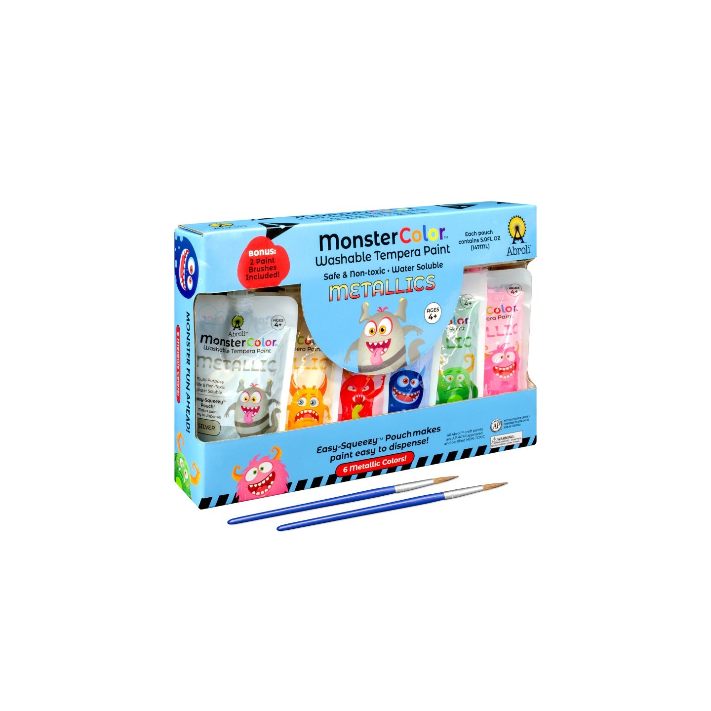 Abroli MonsterColor Washable Tempera Paint, 5 oz., Metallic, 6-Pack