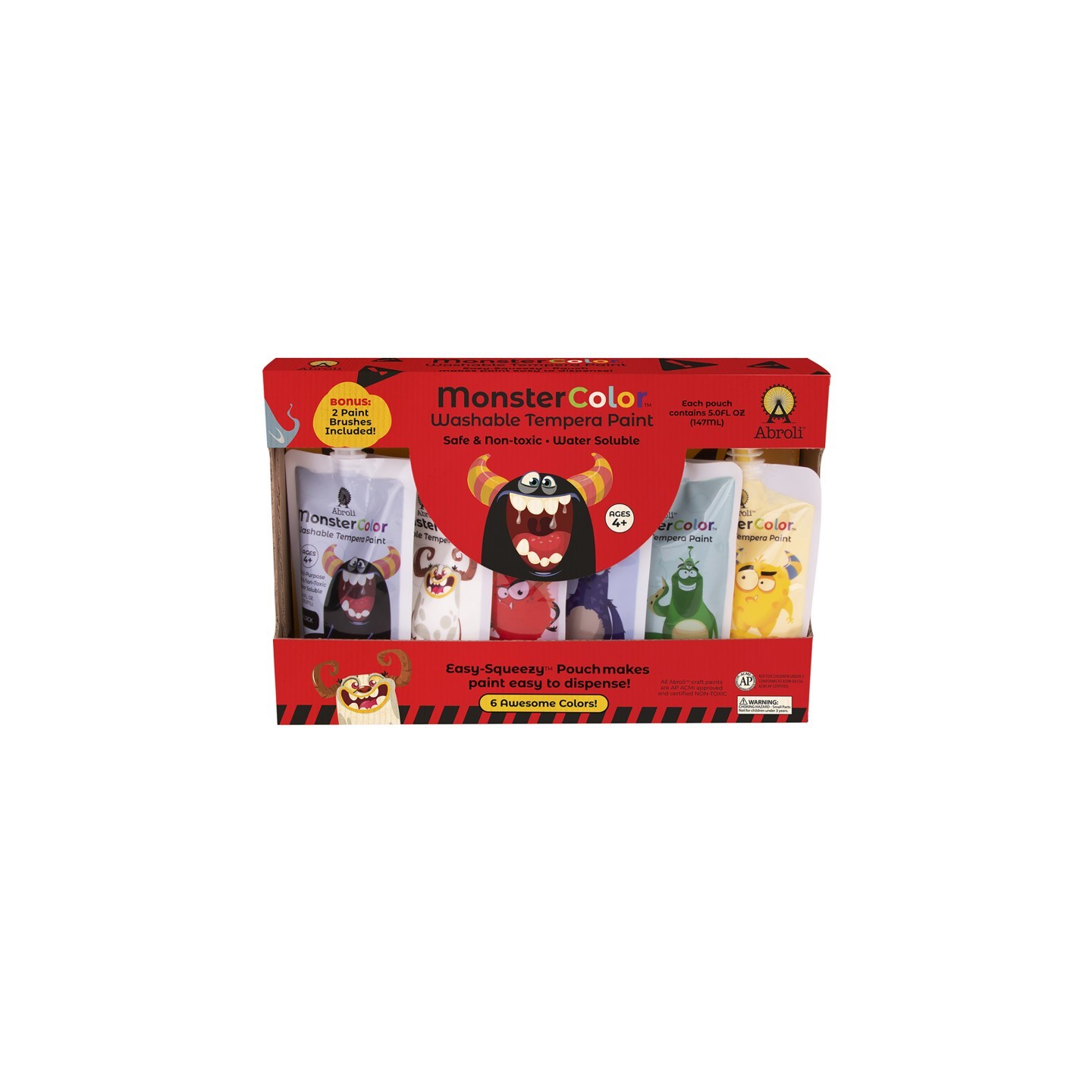 Abroli MonsterColor Washable Tempera Paint, 5 oz., 6-Pack
