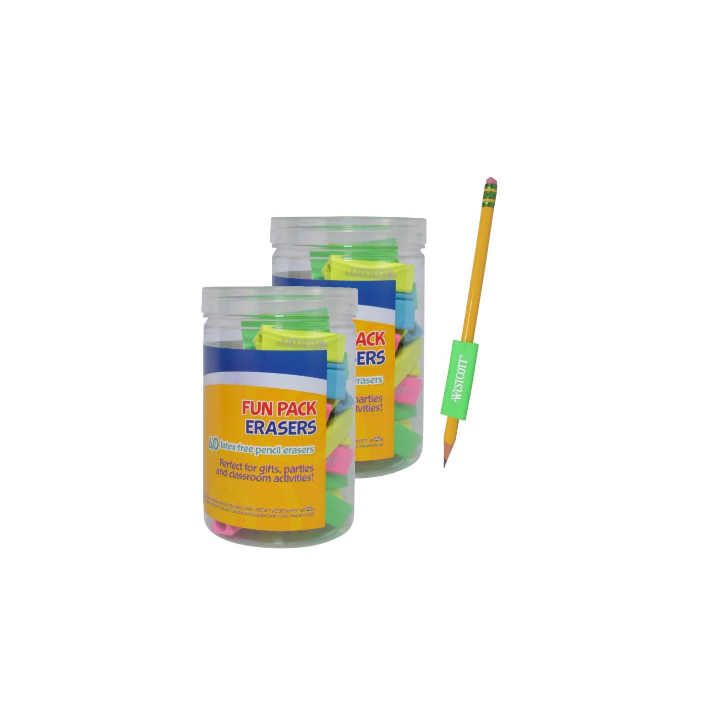 Westcott® Erasers Fun Pack, Assorted Colors, 40 Per Pack, 2 Packs