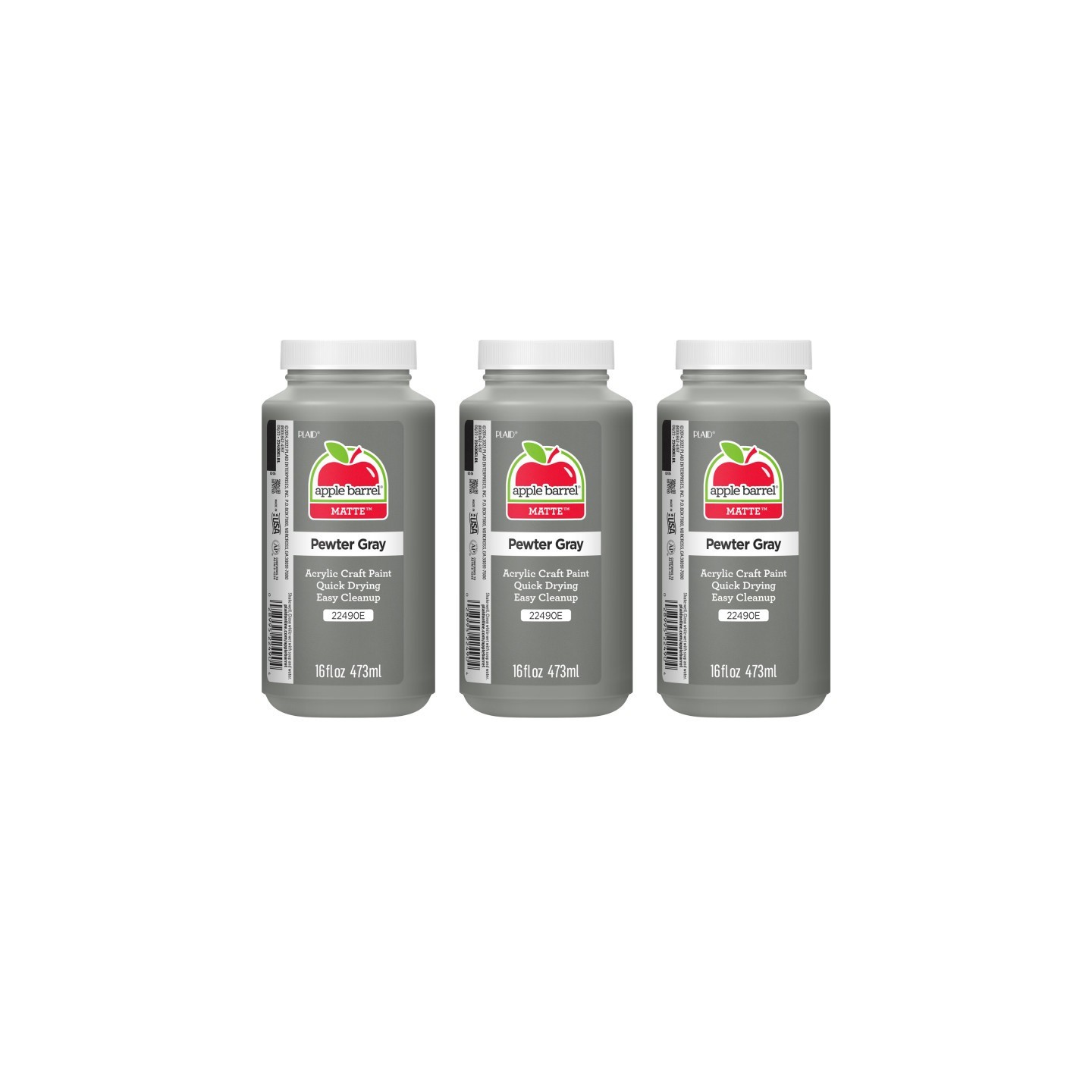 Apple Barrel Acrylic Paint Matte, 16oz., Pewter Gray, Pack of 3