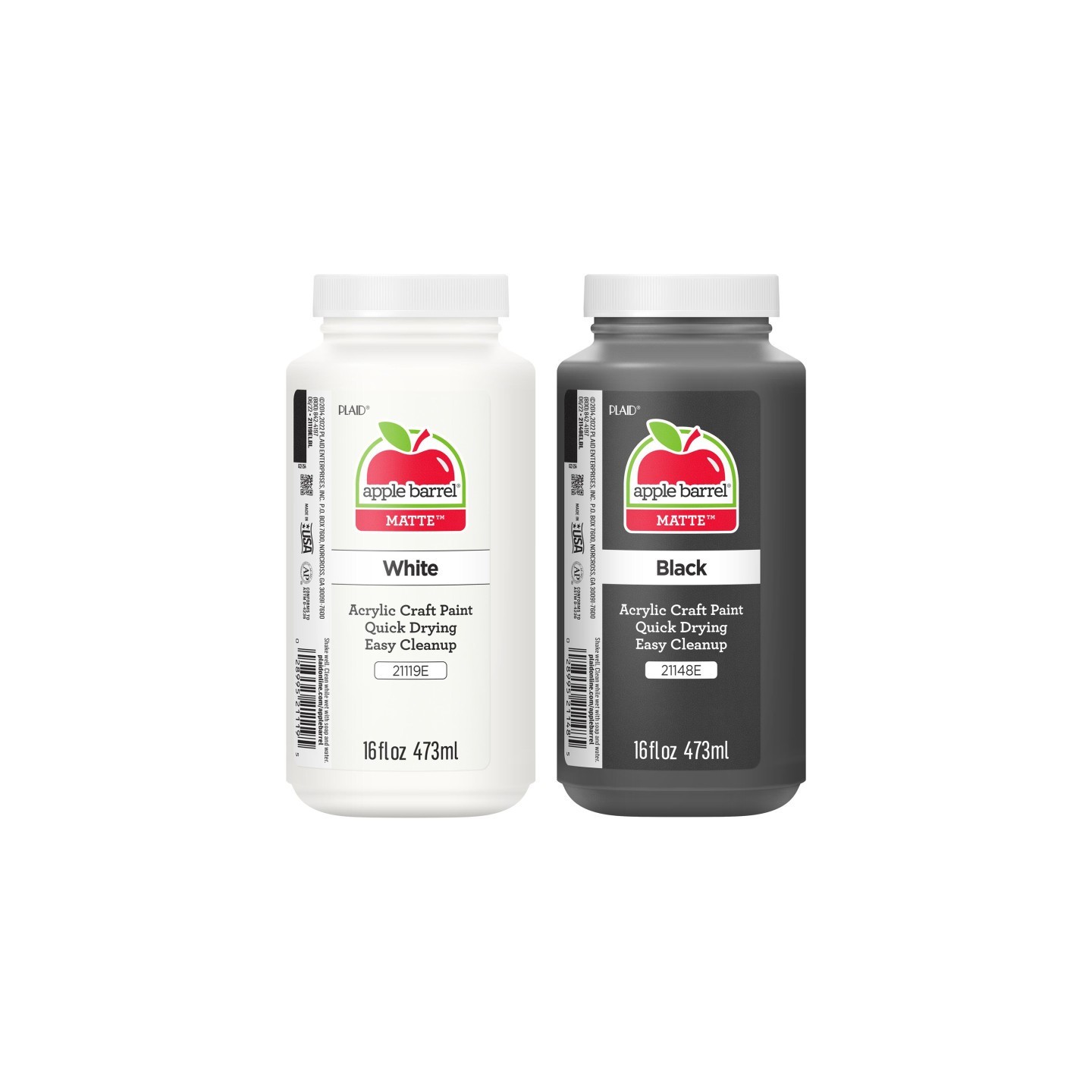 Apple Barrel Acrylic Paint Matte, 16oz., White & Black, 2-Piece Set