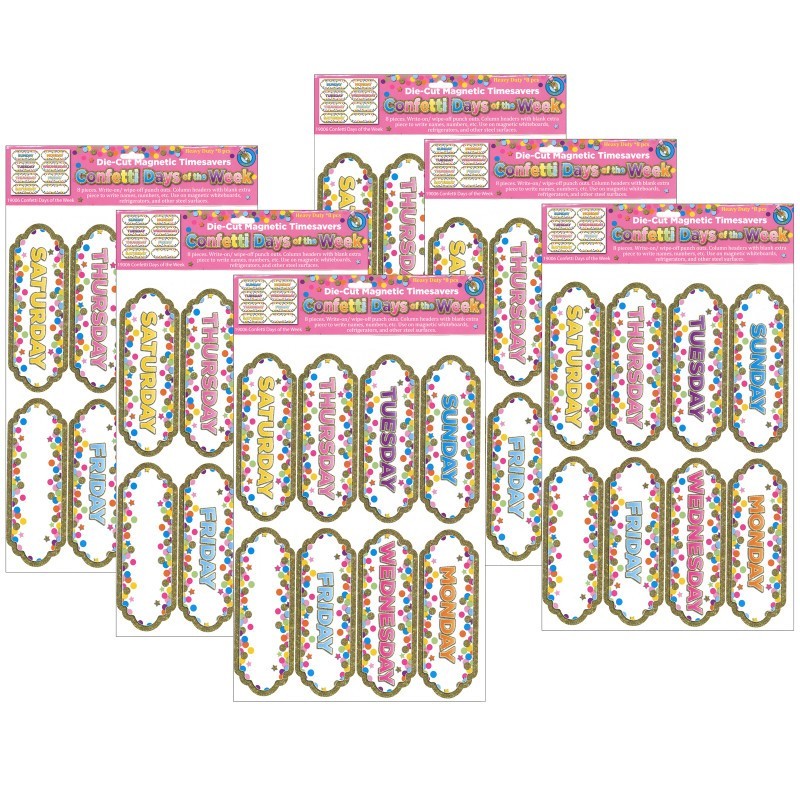 Ashley Productions® Magnetic Die-Cut Timesavers & Labels, Confetti Days of the Week, 8 Per Pack, 6 Packs
