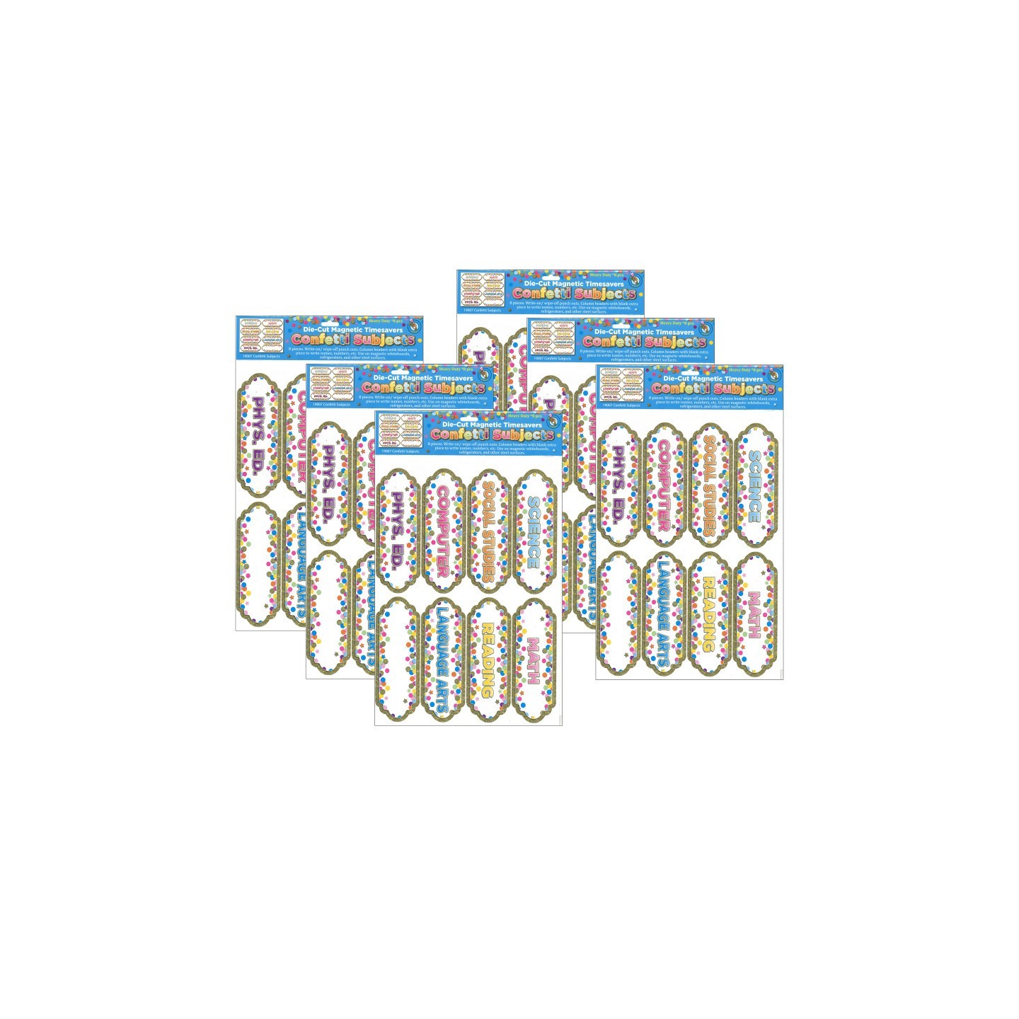 Ashley Productions® Magnetic Die-Cut Timesavers & Labels, Confetti Classroom Subjects, 8 Per Pack, 6 Packs