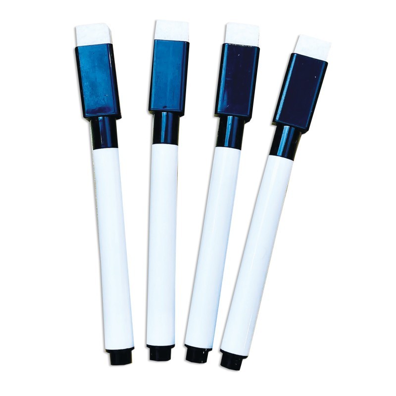 Ashley Productions® Smart Poly® Dry Erase Markers with Eraser, Fine Tip, Black, Pack of 4