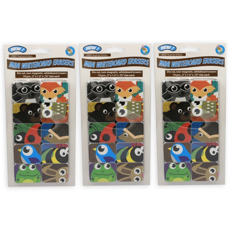 Ashley Productions® Non-Magnetic Mini Whiteboard Erasers, Keyhole Kritters, 10 Per Pack, 3 Packs