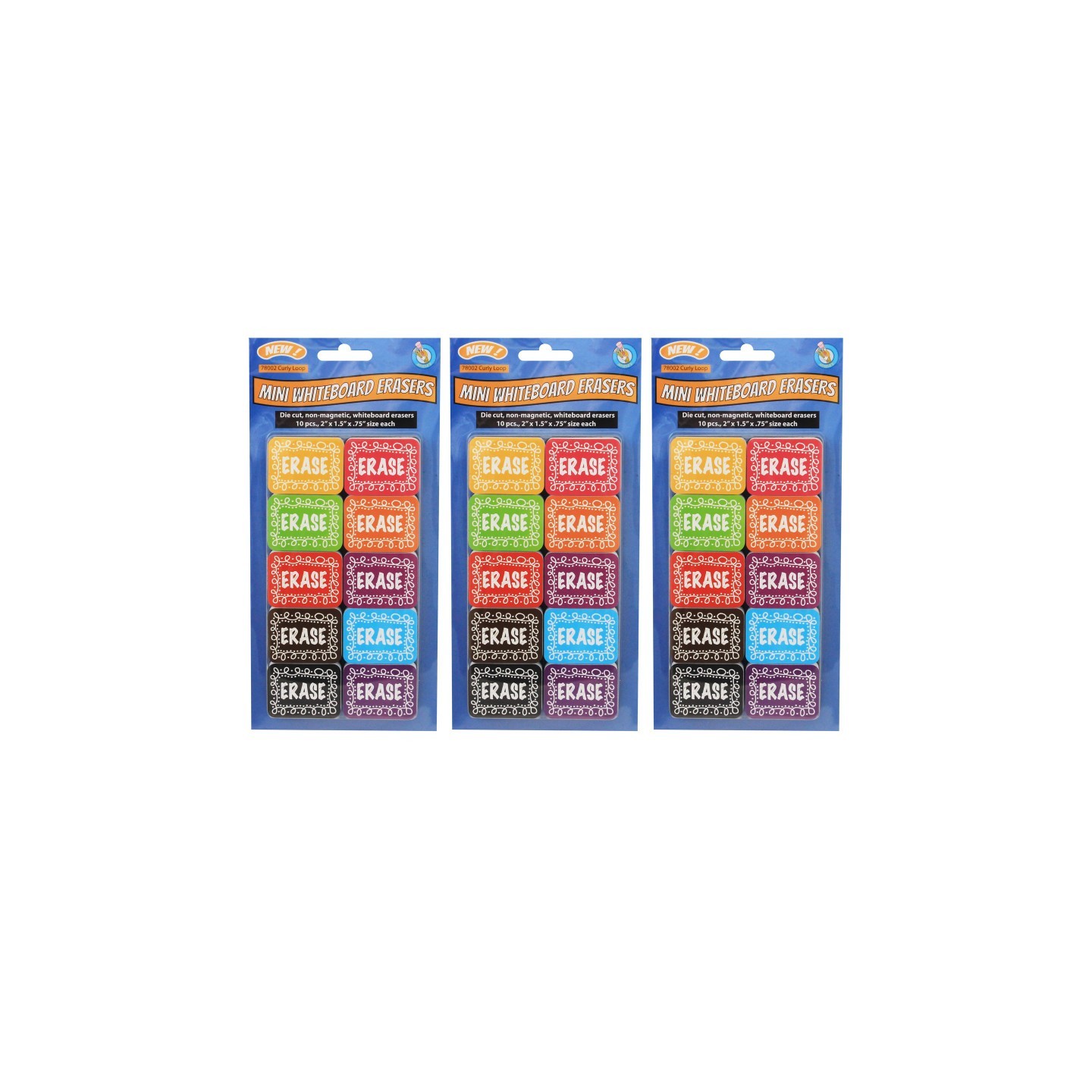 Ashley Productions® Non-Magnetic Mini Whiteboard Erasers, Chalk Loop, 10 Per Pack, 3 Packs