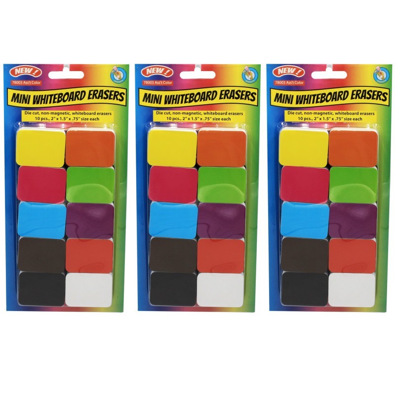 Ashley Productions® Non-Magnetic Mini Whiteboard Erasers, Assorted, 10 Per Pack, 3 Packs