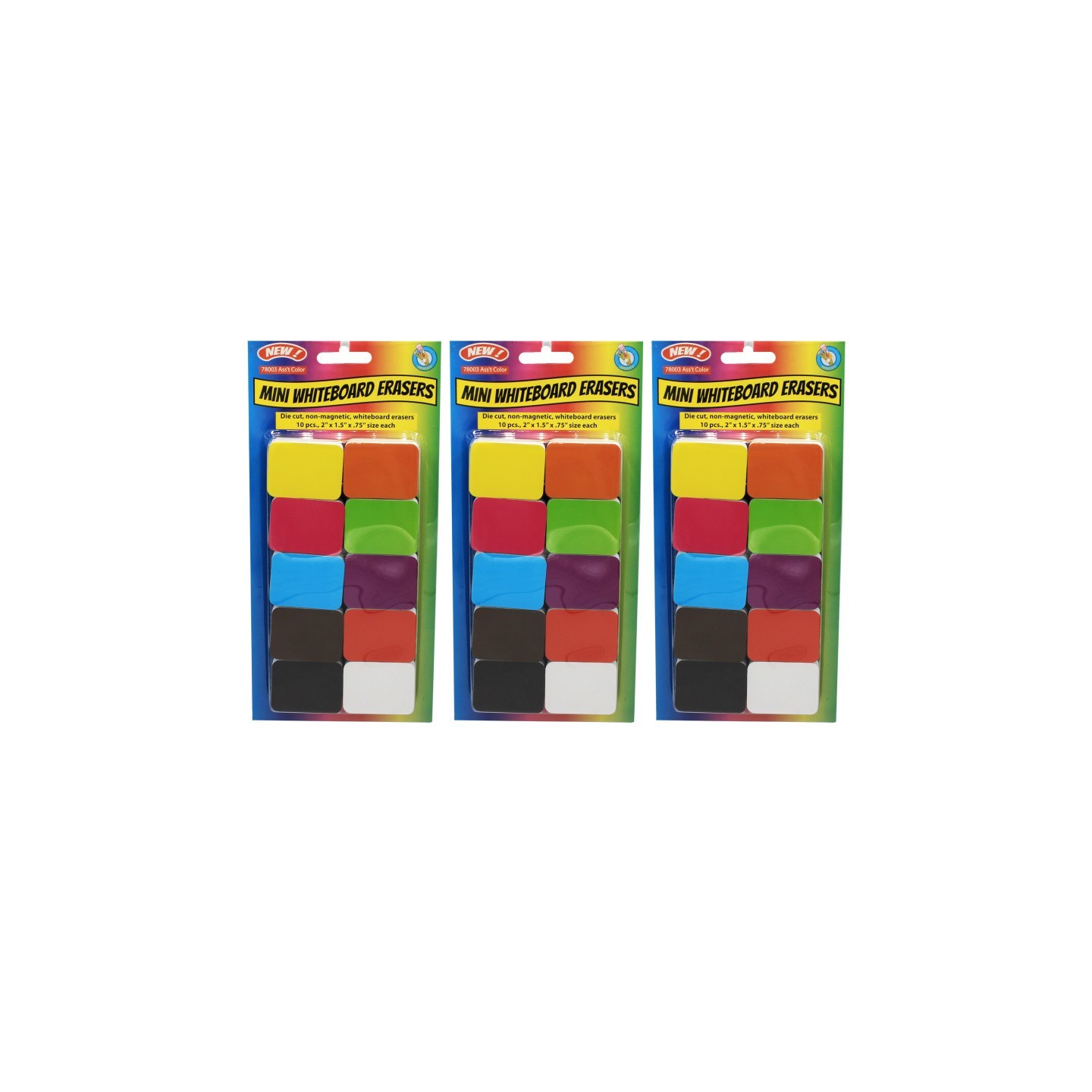 Ashley Productions® Non-Magnetic Mini Whiteboard Erasers, Assorted, 10 Per Pack, 3 Packs