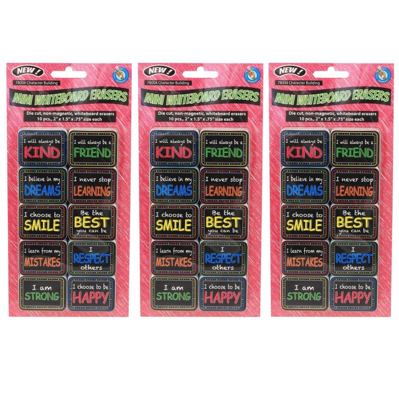 Ashley Productions® Non-Magnetic Mini Whiteboard Erasers, Character Building, 10 Per Pack, 3 Packs