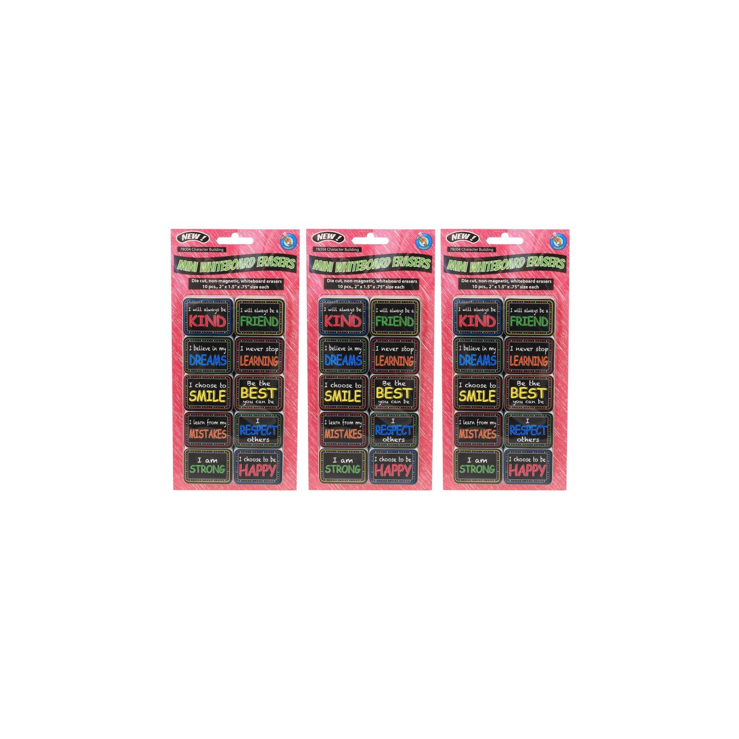 Ashley Productions® Non-Magnetic Mini Whiteboard Erasers, Character Building, 10 Per Pack, 3 Packs