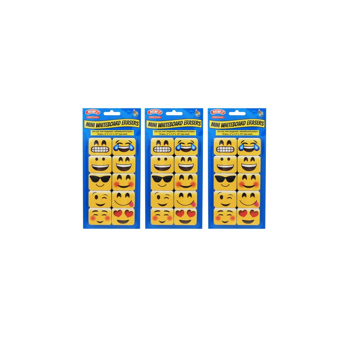 Ashley Productions® Non-Magnetic Mini Whiteboard Erasers, Emotions Icons, 10 Per Pack, 3 Packs