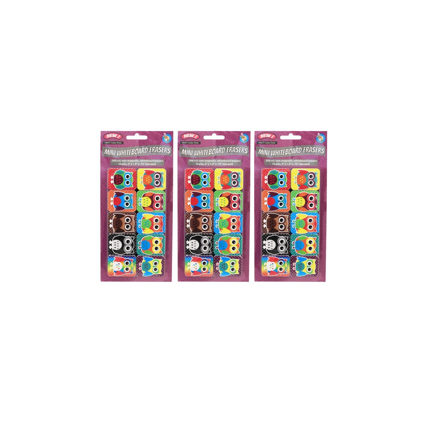 Ashley Productions® Non-Magnetic Mini Whiteboard Erasers, Color Owls, 10 Per Pack, 3 Packs
