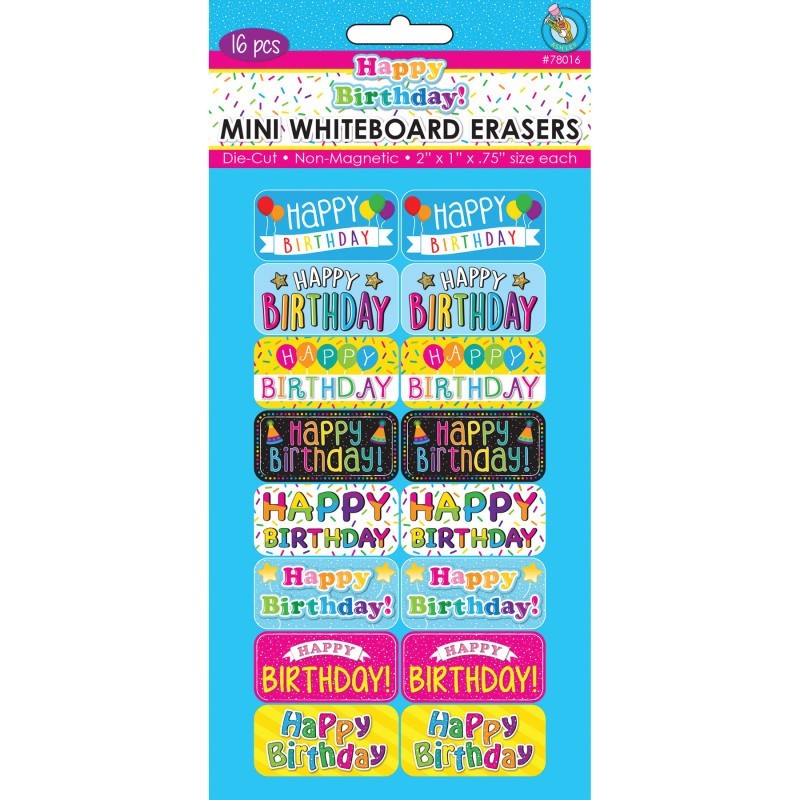 Ashley Productions® Non-Magnetic Mini Whiteboard Erasers, Happy Birthday, Pack of 16
