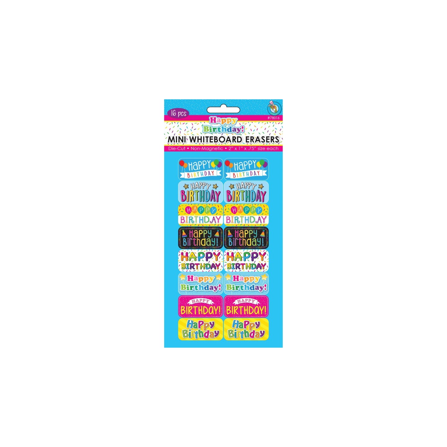 Ashley Productions® Non-Magnetic Mini Whiteboard Erasers, Happy Birthday, Pack of 16