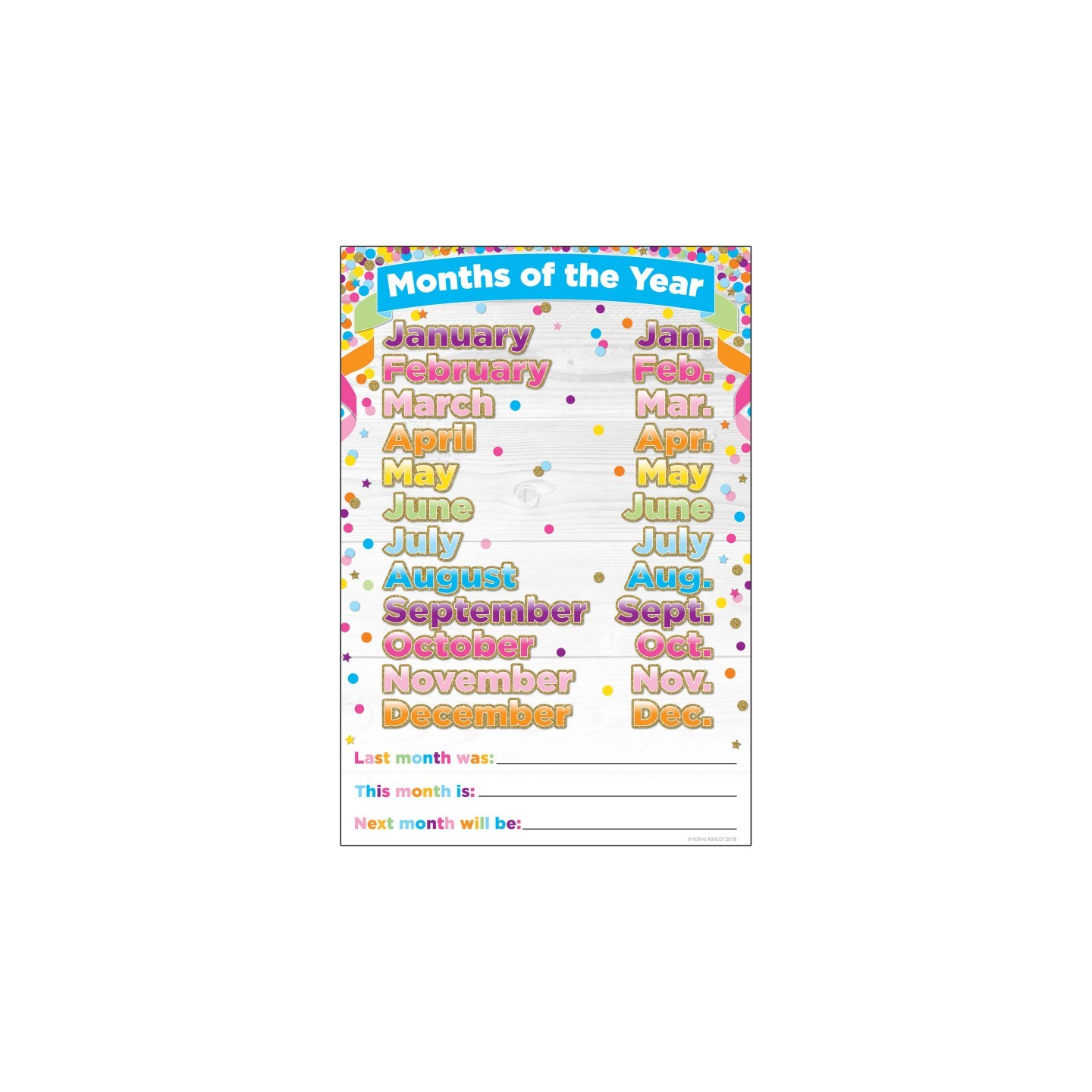 Ashley Productions® Smart Poly™ Chart, 13" x 19", Confetti Months of the Year