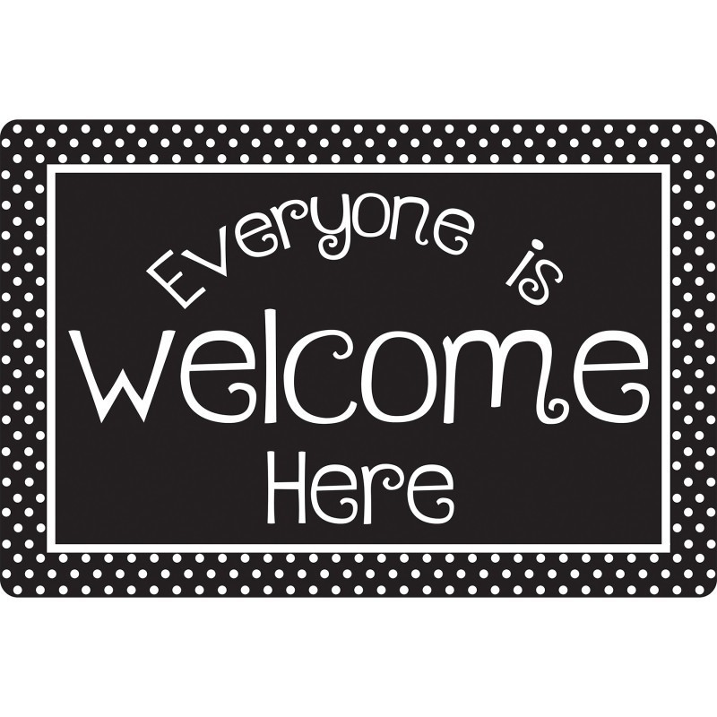 Smart Poly® Welcome Mat with Slip Resistant Backing, 15.5" x 23.5", Black and White Dots Everyone is Welcome Here