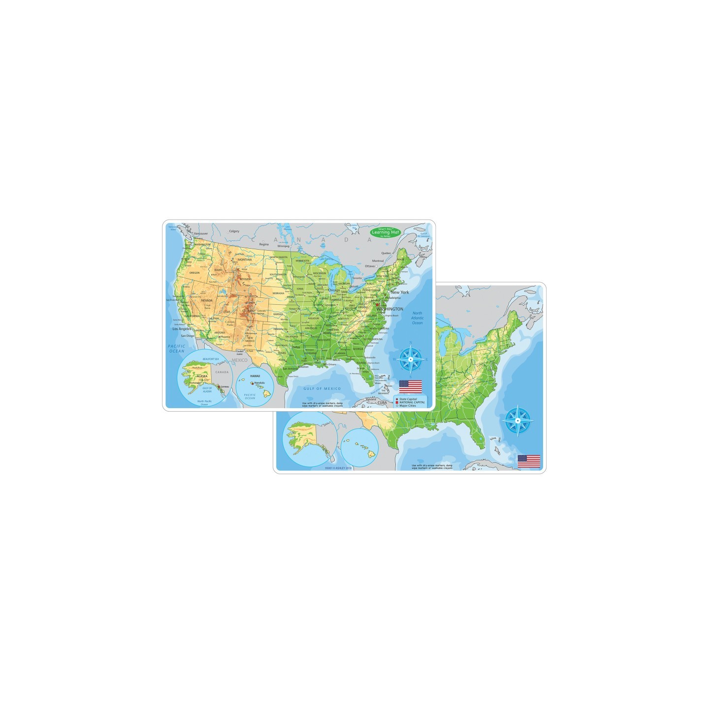 Ashley Productions® Smart Poly™ Learning Mat, 12" x 17", Double-Sided, U.S. Physical Map