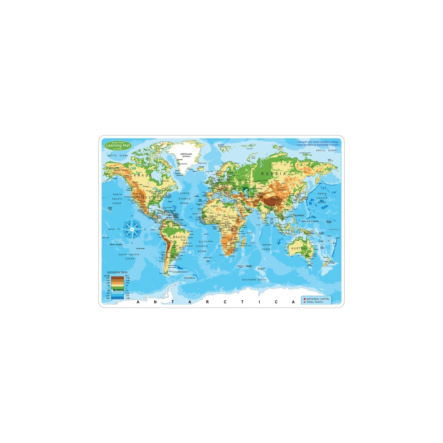 Ashley Productions® Smart Poly™ Learning Mat, 12" x 17", Double-Sided, World Physical Map