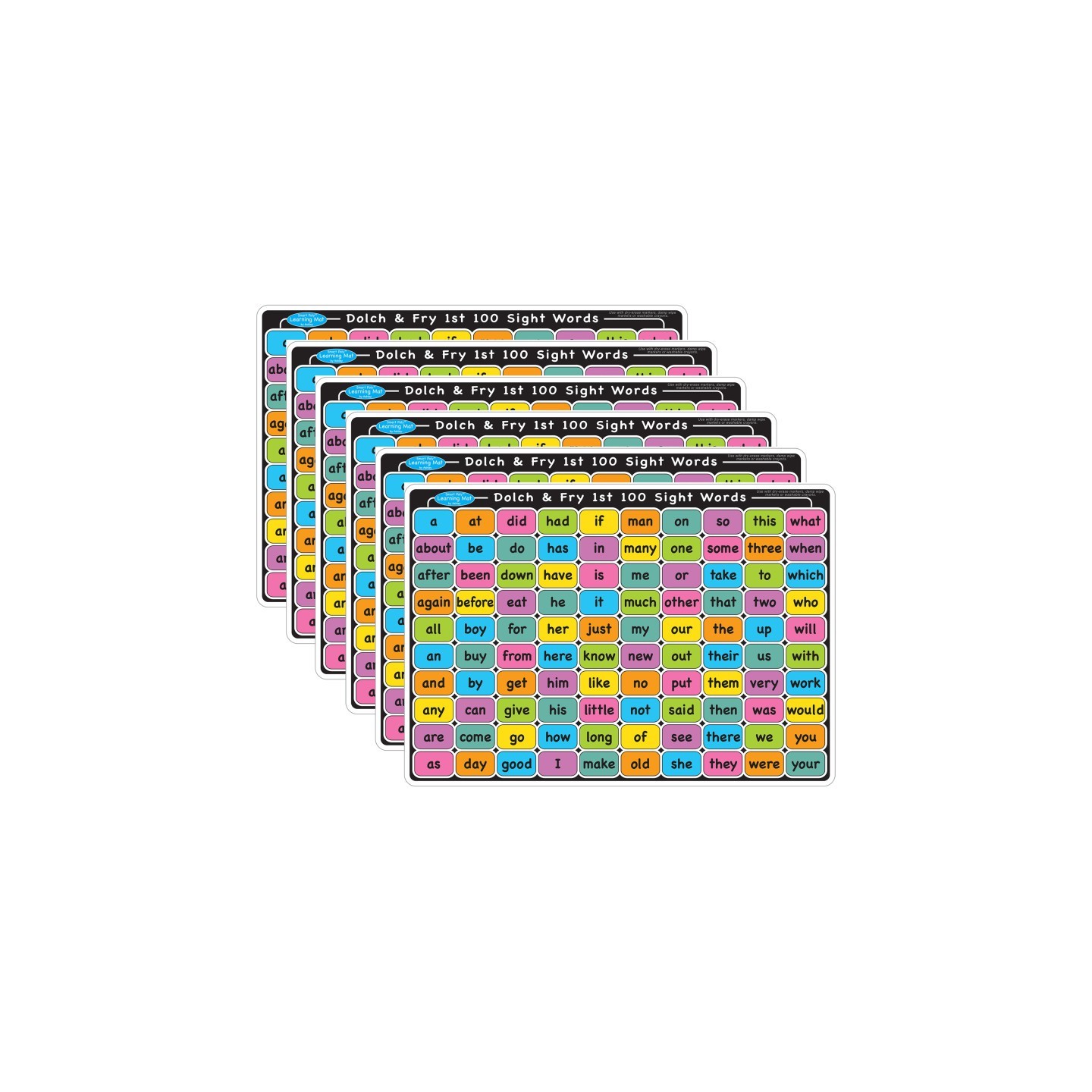 Ashley Productions® Smart Poly™ Learning Mat, 12" x 17", Double-Sided, Sight Words 1st & 2nd 100, Pack of 6