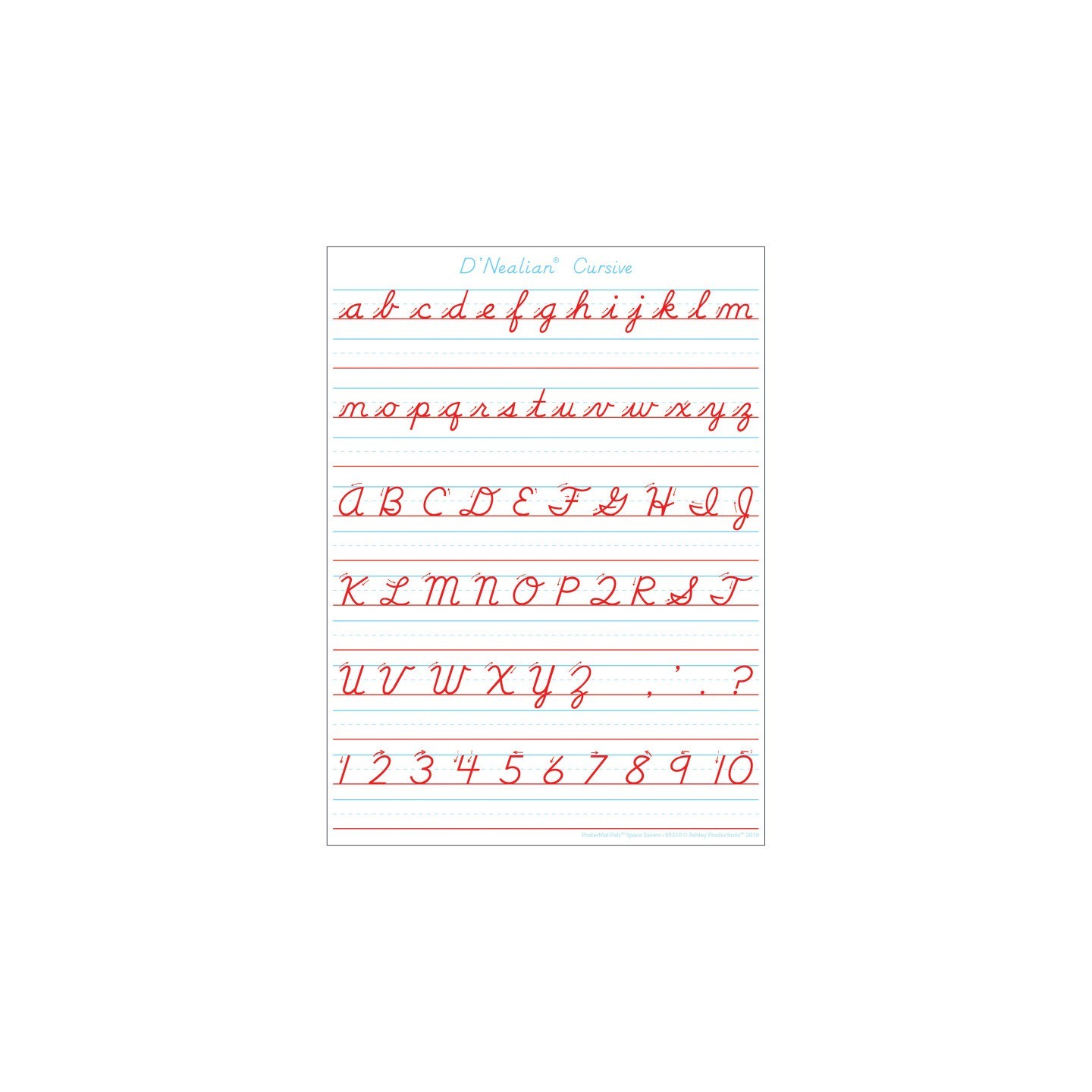 Ashley Productions® Smart Poly® Single Sided PosterMat Pals® Space Savers, D'Nealian Cursive Handwriting, 13" x 9.5"