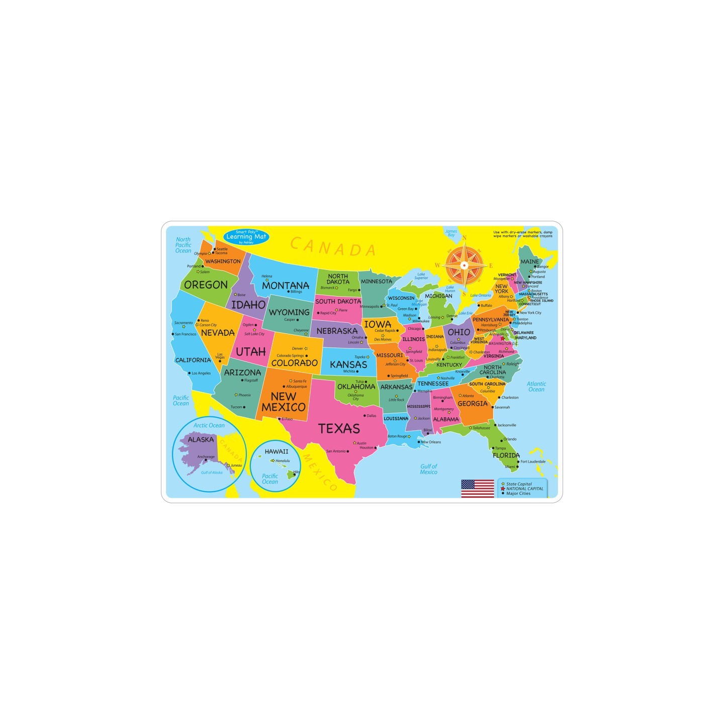Ashley Productions® Smart Poly™ Learning Mats, 12" x 17", Double-Sided, U.S. Basic Map, Pack of 10