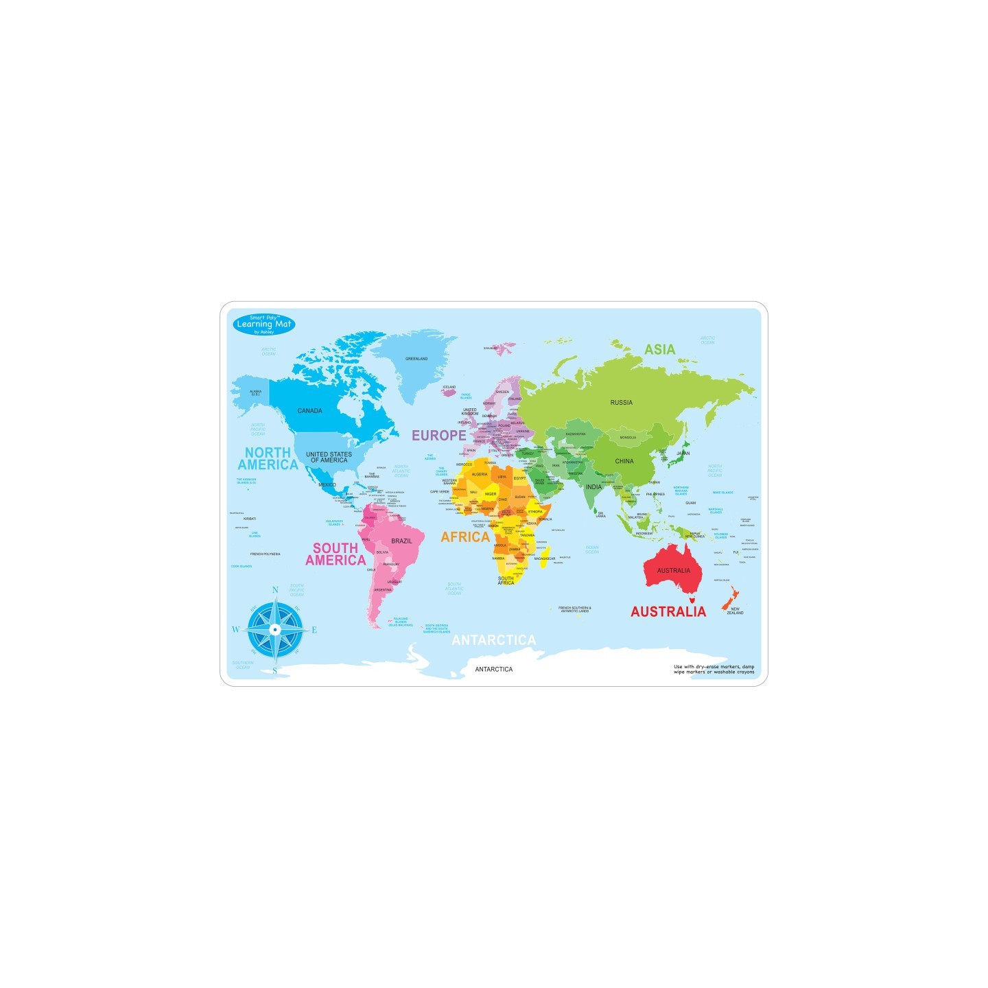 Ashley Productions® Smart Poly™ Learning Mats, 12" x 17", Double-Sided, World Basic Map, Pack of 10