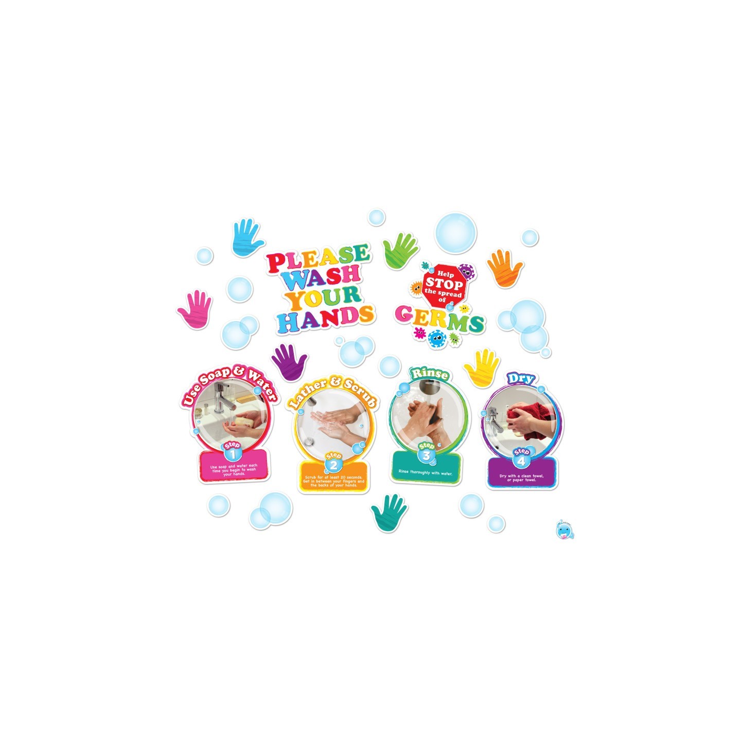 Ashley Productions® Healthy Bubbles™ Smart Poly™ Mini Bulletin Board Set Washing Your Hands Set, 36 Pieces