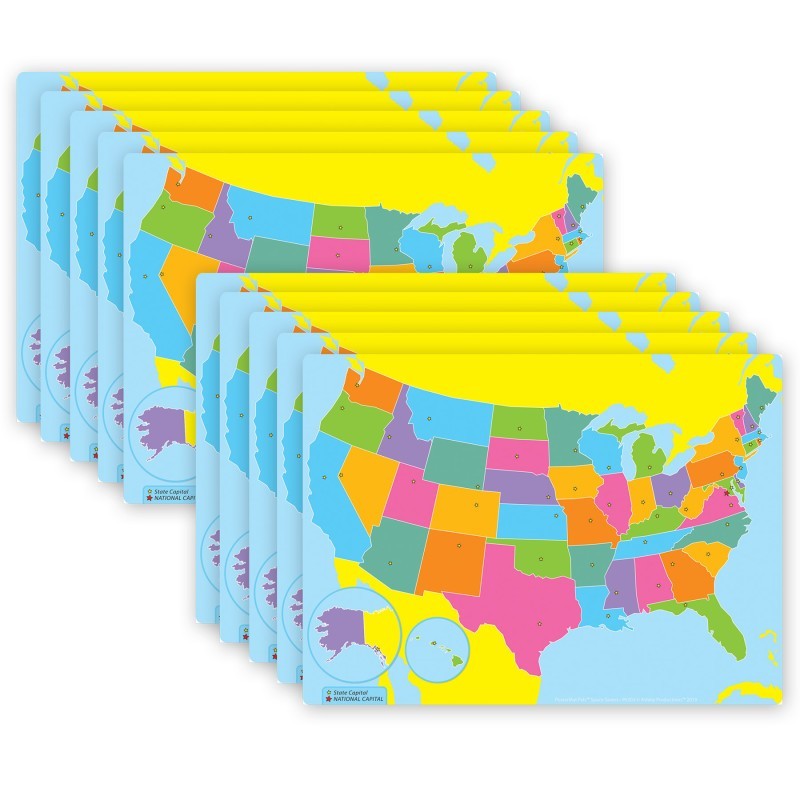 Ashley Productions® Smart Poly® PosterMat Pals™ Space Savers, 13" x 9-1/2", US Map, Pack of 10