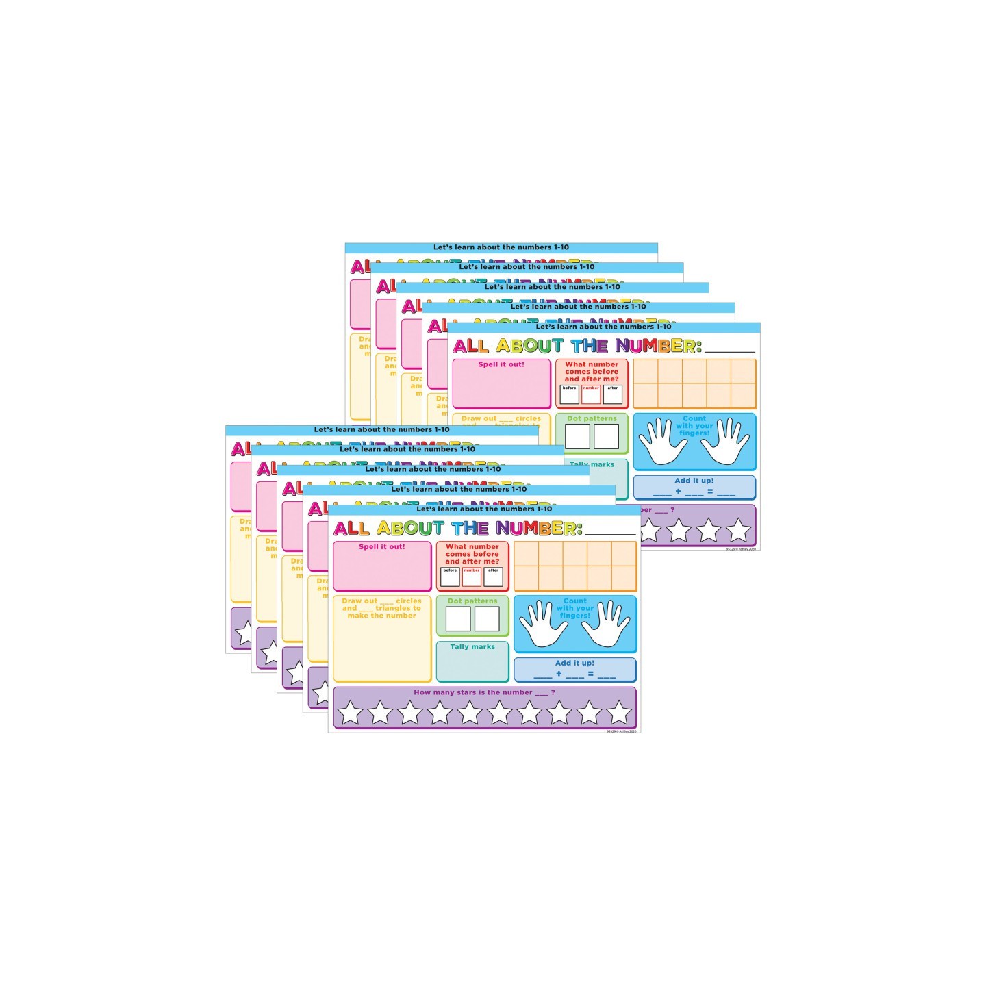 Ashley Productions® Smart Poly® PosterMat Pals™ Space Savers, 13" x 9-1/2", All About the Number, Pack of 10