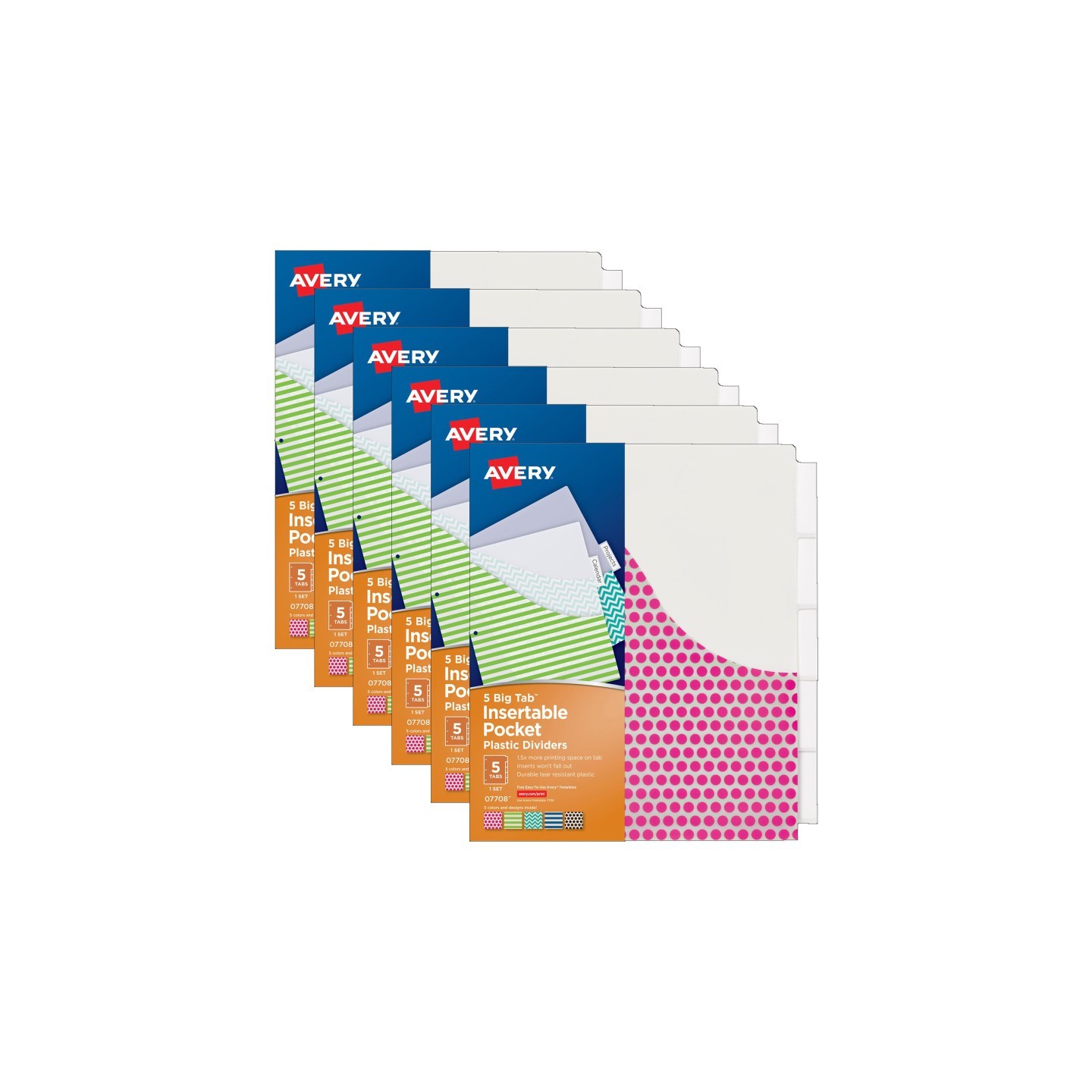 Avery® Big Tab™ Insertable Plastic Dividers with Pockets, 5-Tab Set, Assorted Designs, 6 Sets